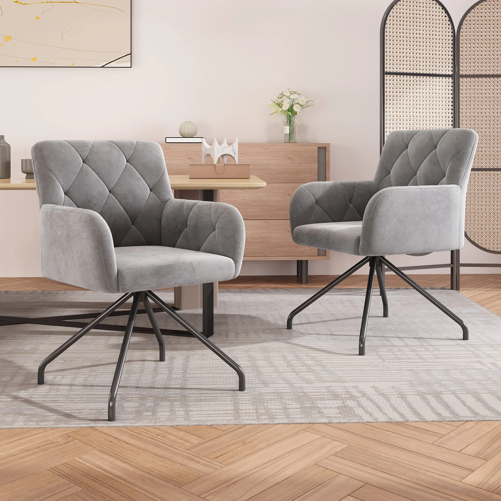 Set of 2 Dining Chairs with Diamond Pattern and Lumbar Support, Light Grey Velvet - Image 7