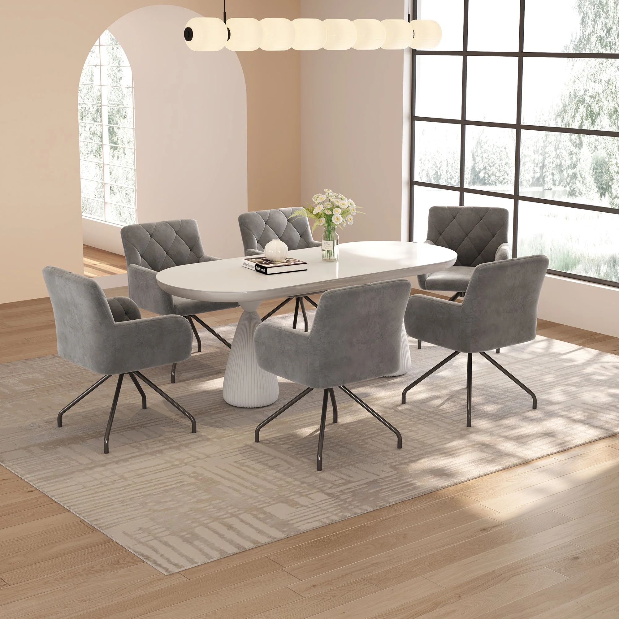 Set of 2 Dining Chairs with Diamond Pattern and Lumbar Support, Light Grey Velvet - Image 8