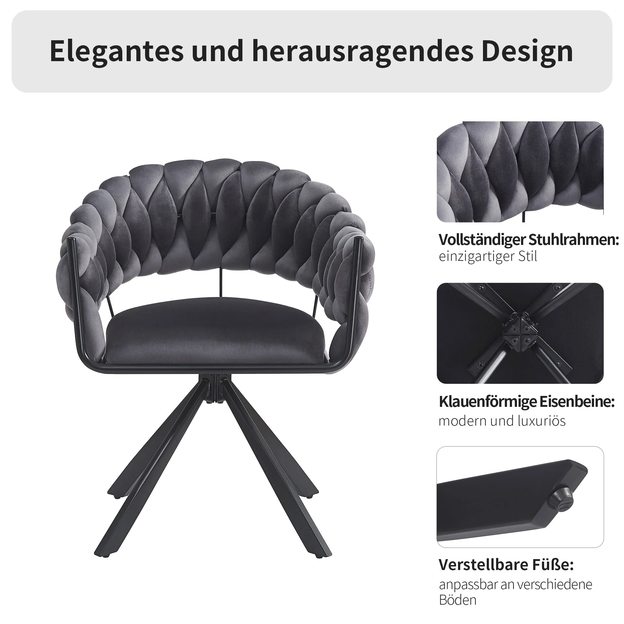 Set of 2 Dining/Vanity Chairs Modern Ergonomic Metal Claw Legs Grey Velvet - Image 6