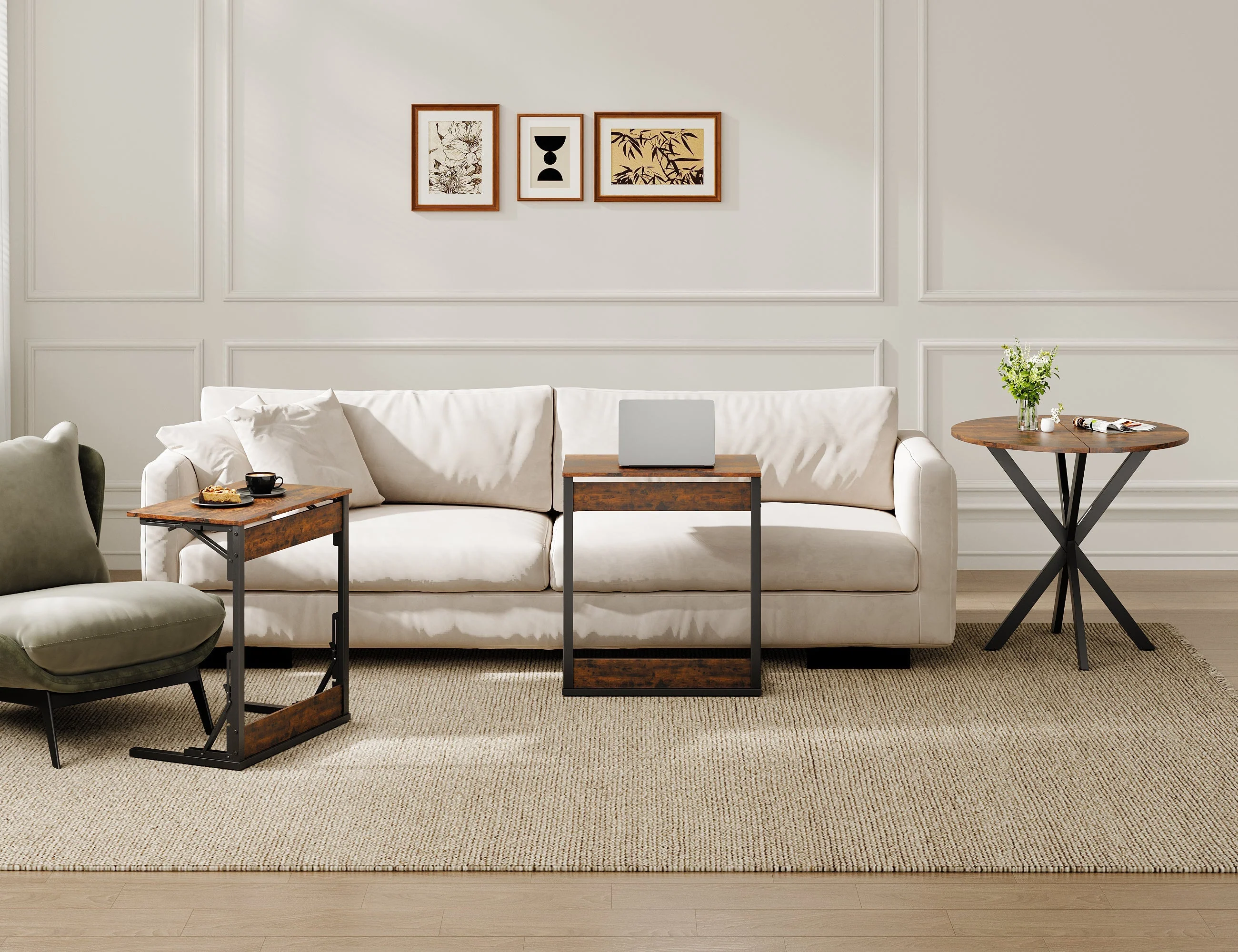 Set of 2 Foldable C-Shaped Side Tables with Metal Frame, Brown - Image 7