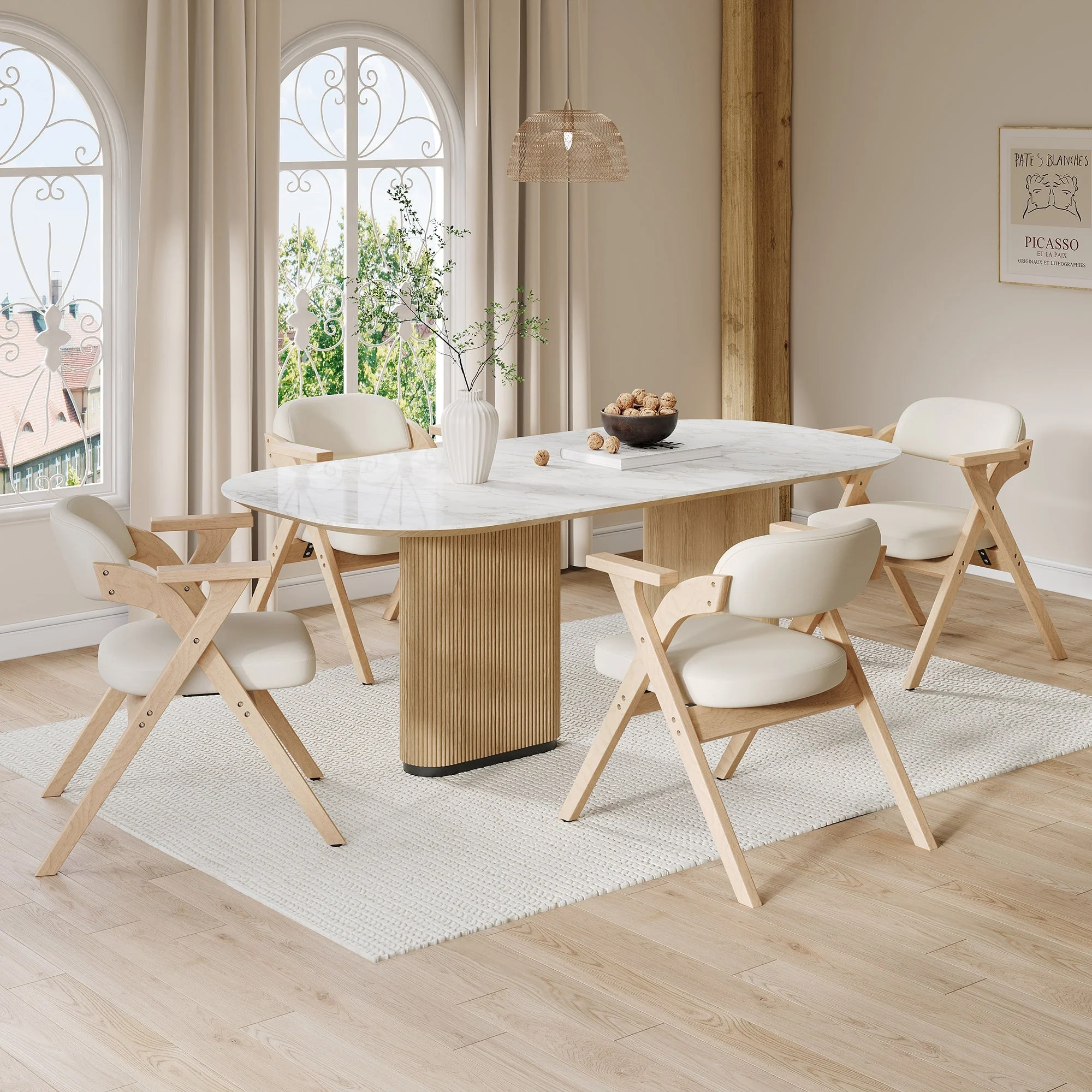 Set of 2 Folding Dining Chairs, Solid Wood and Breathable, Beige Linen - Image 7
