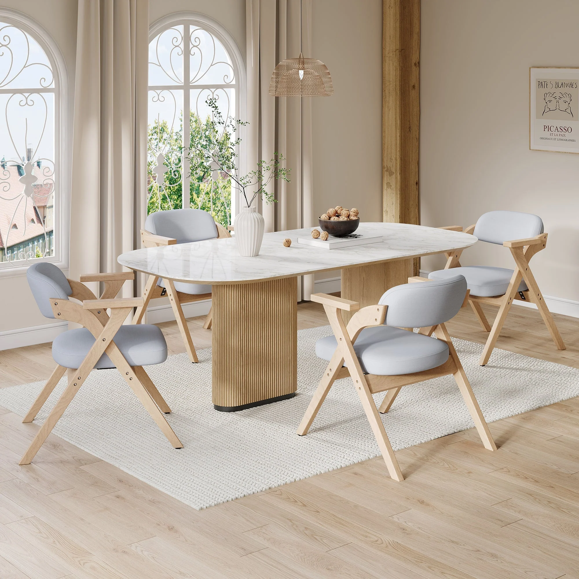 Set of 2 Folding Dining Chairs, Solid Wood and Breathable Linen, Grey - Image 6