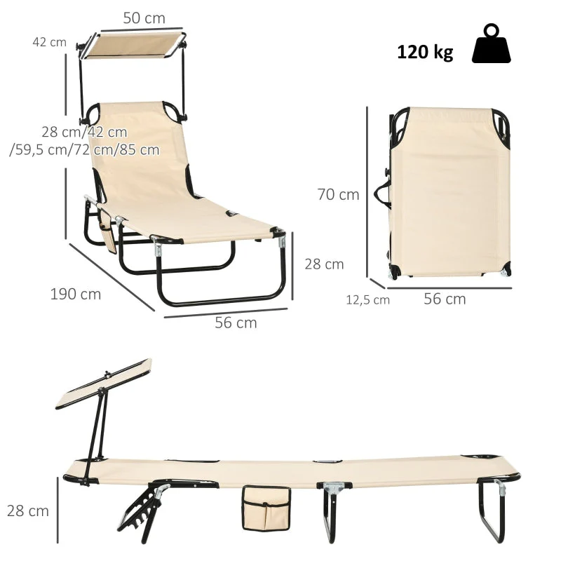 Set of 2 Folding Sun Loungers Sunshade 5-Pos. Adjustable Backrest - Brown - Image 3