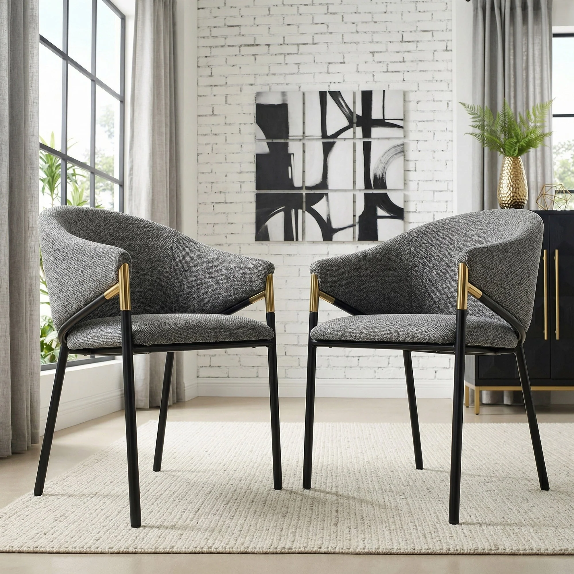 Set of 2 Modern Dining Chairs with Gold Stainless Steel Handrails, Grey Chenille Upholstery - Image 2
