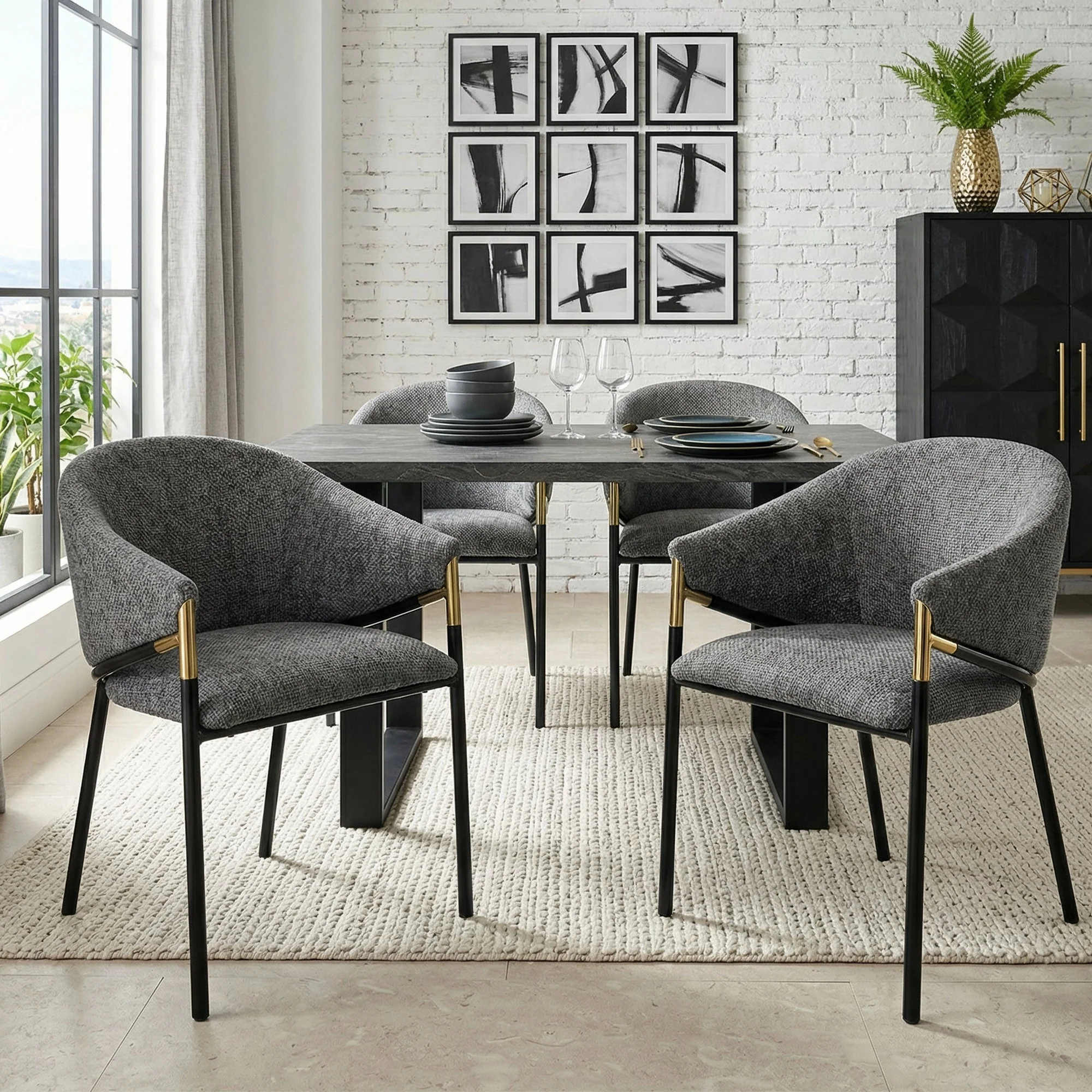 Set of 2 Modern Dining Chairs with Gold Stainless Steel Handrails, Grey Chenille Upholstery - Image 5
