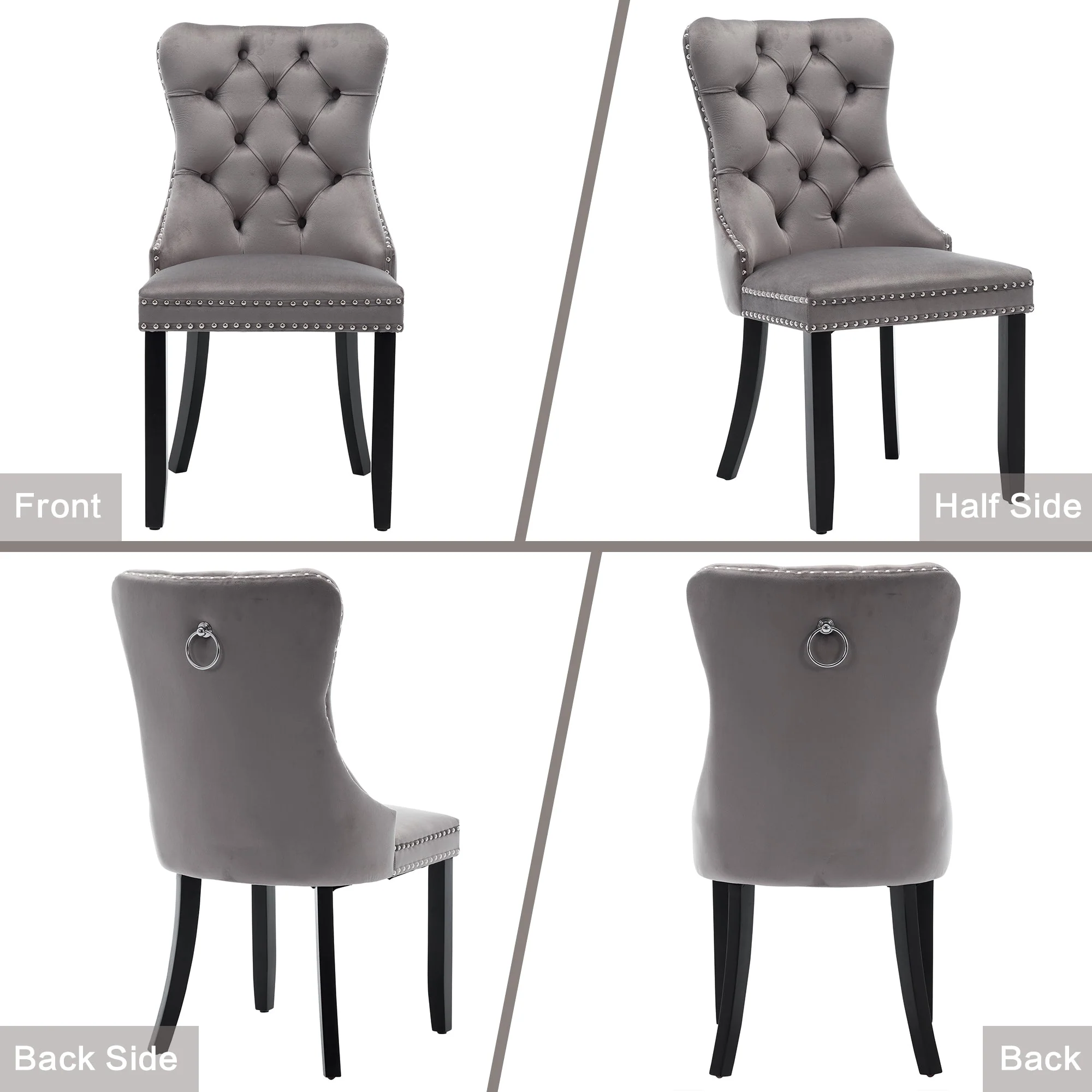 Set of 2 Modern Upholstered Velvet Dining Chairs, Button Tufted with Solid Wood Legs, Riveted Trim and Knocker Ring, Grey - Image 7