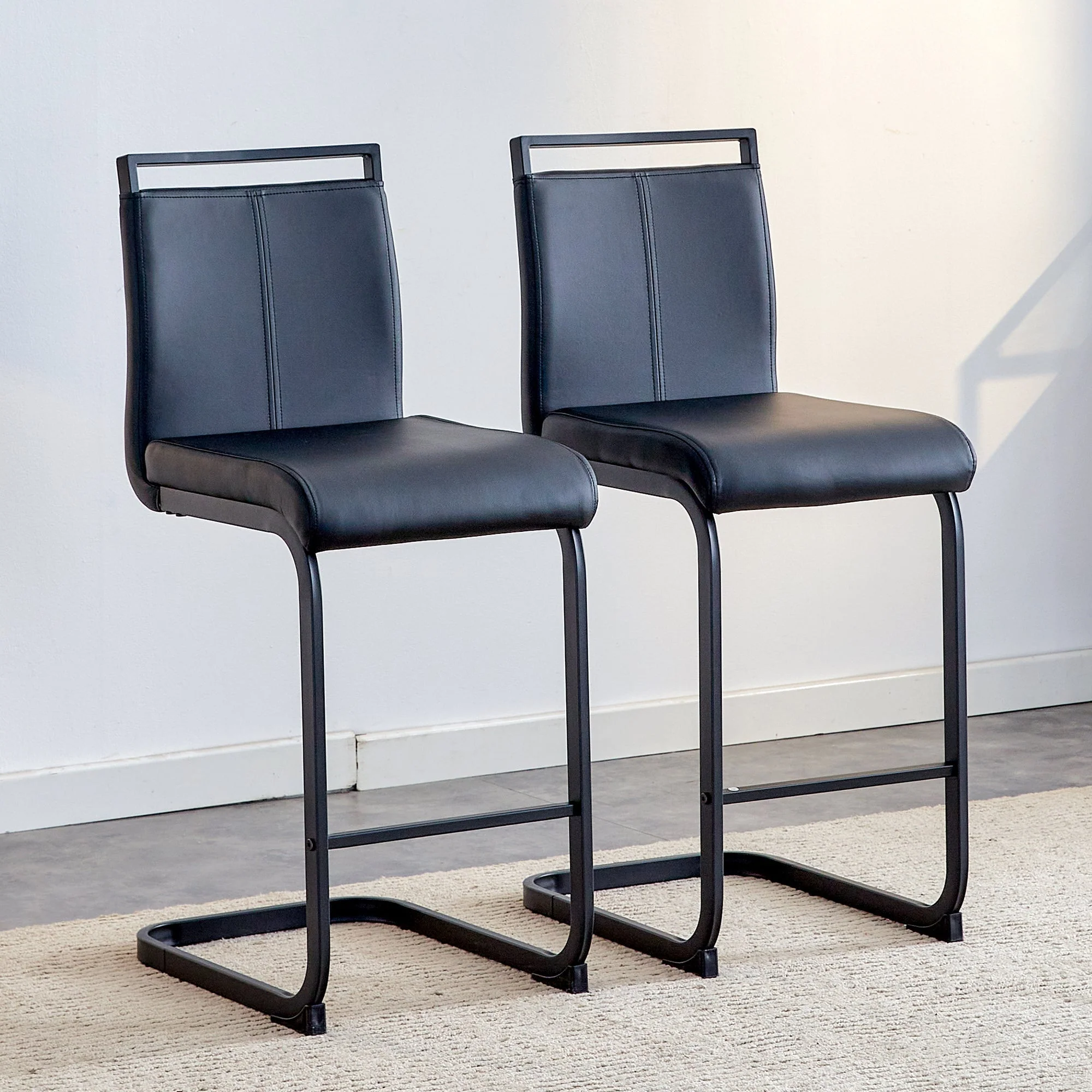 Set of 2 Nordic Bar Stools Faux Leather Metal Legs - Black - Image 2