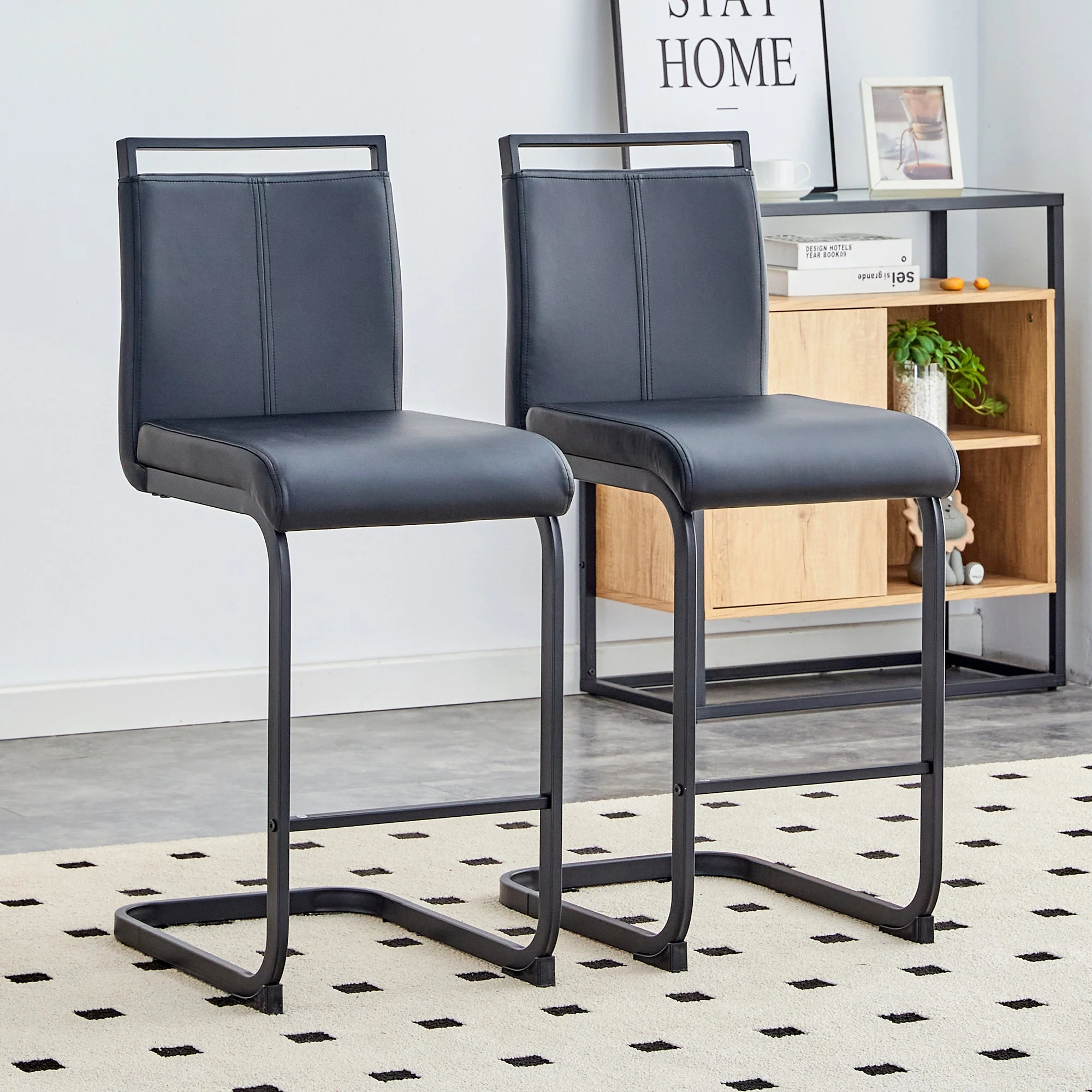 Set of 2 Nordic Bar Stools Faux Leather Metal Legs - Black - Image 3