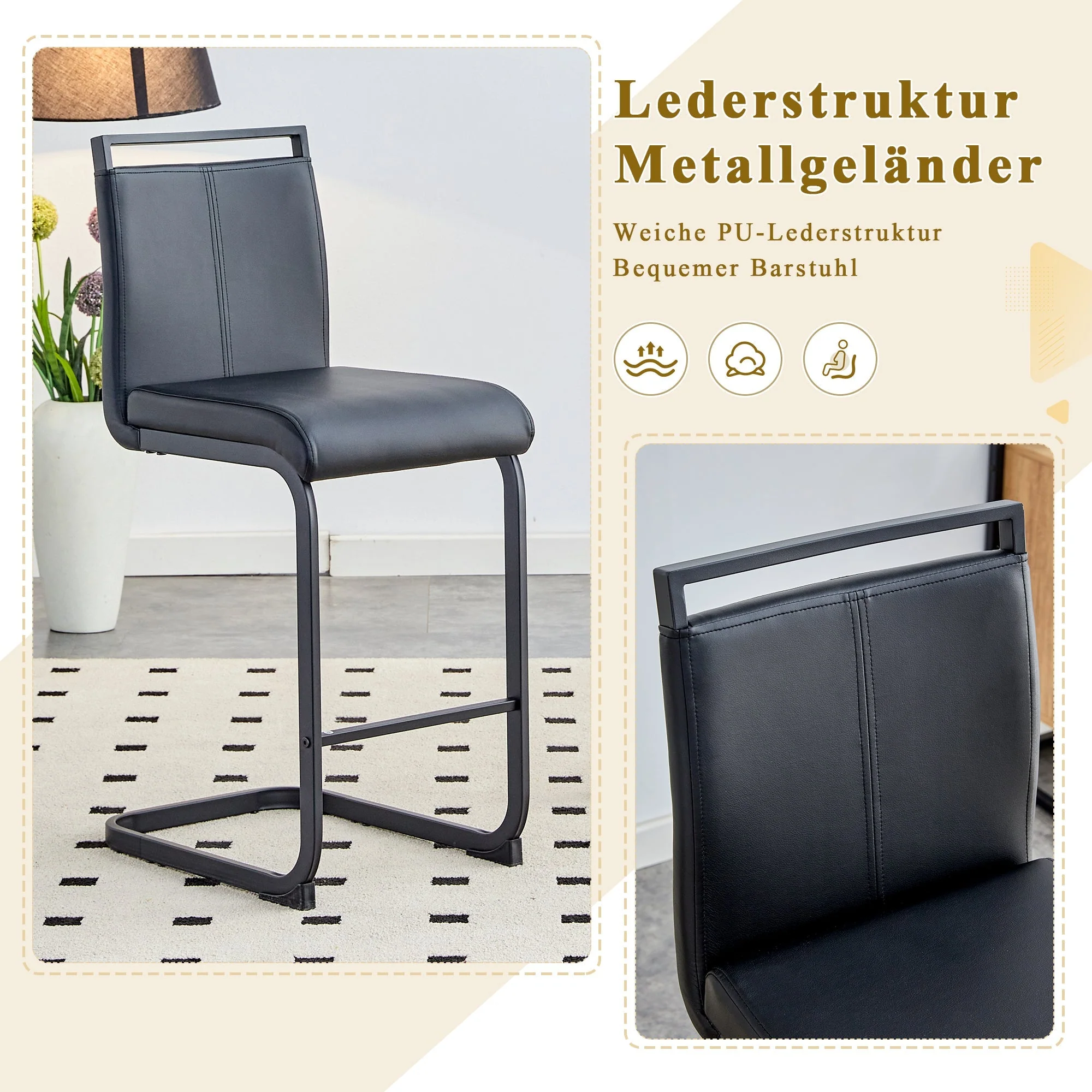 Set of 2 Nordic Bar Stools Faux Leather Metal Legs - Black - Image 6