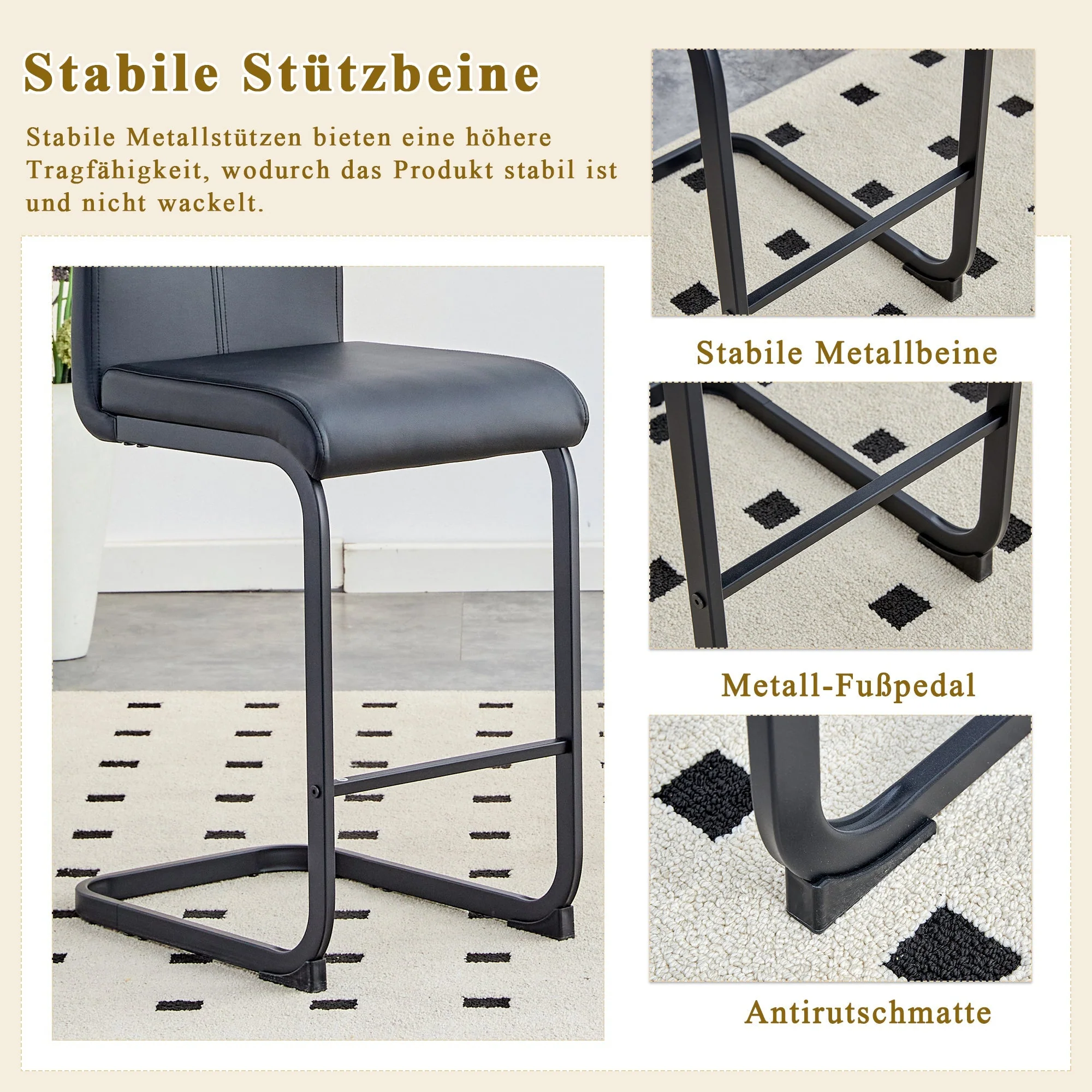 Set of 2 Nordic Bar Stools Faux Leather Metal Legs - Black - Image 8