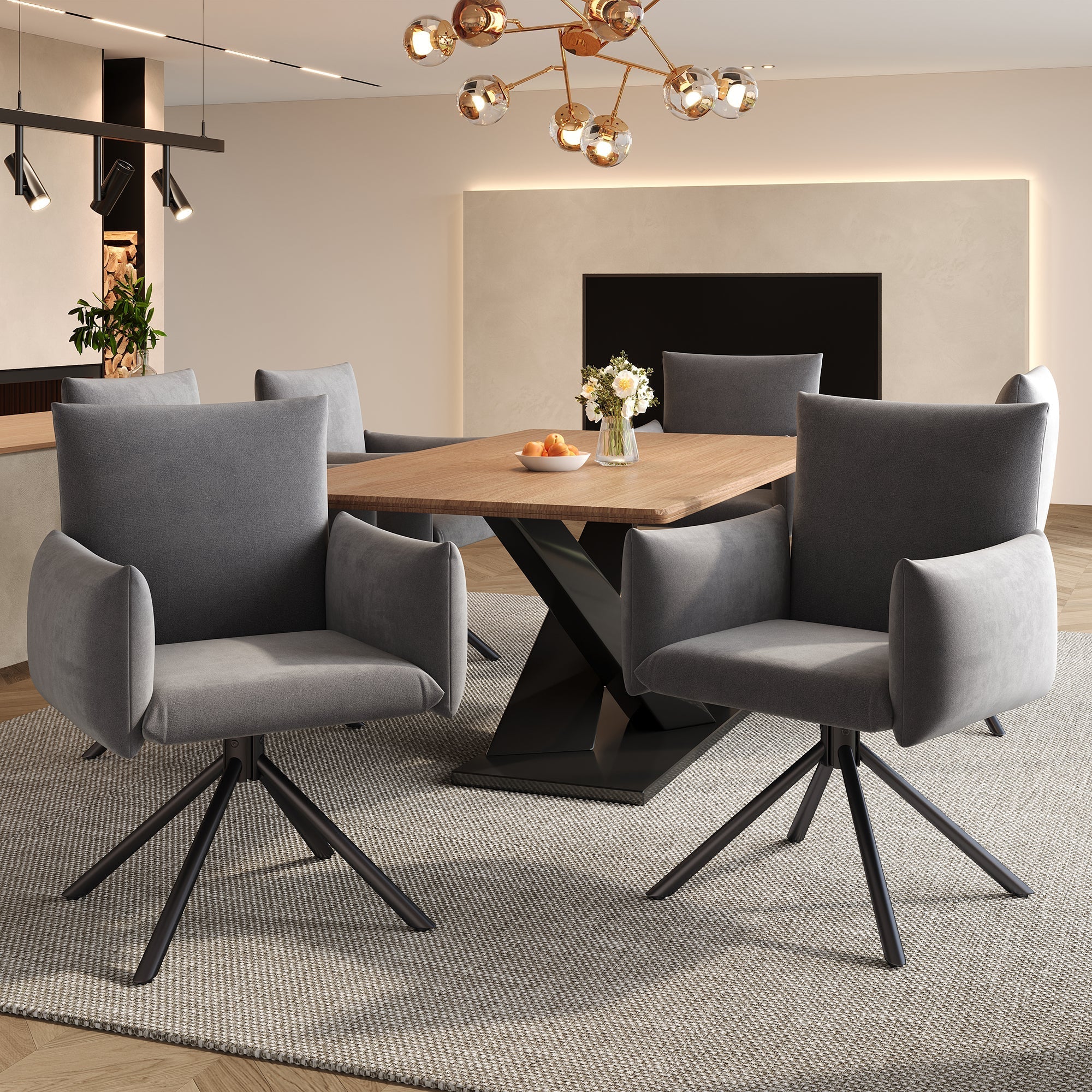 Set of 2 Swivel Chairs Upholstered Metal Legs Lumbar Support - Velvet Grey - Image 6