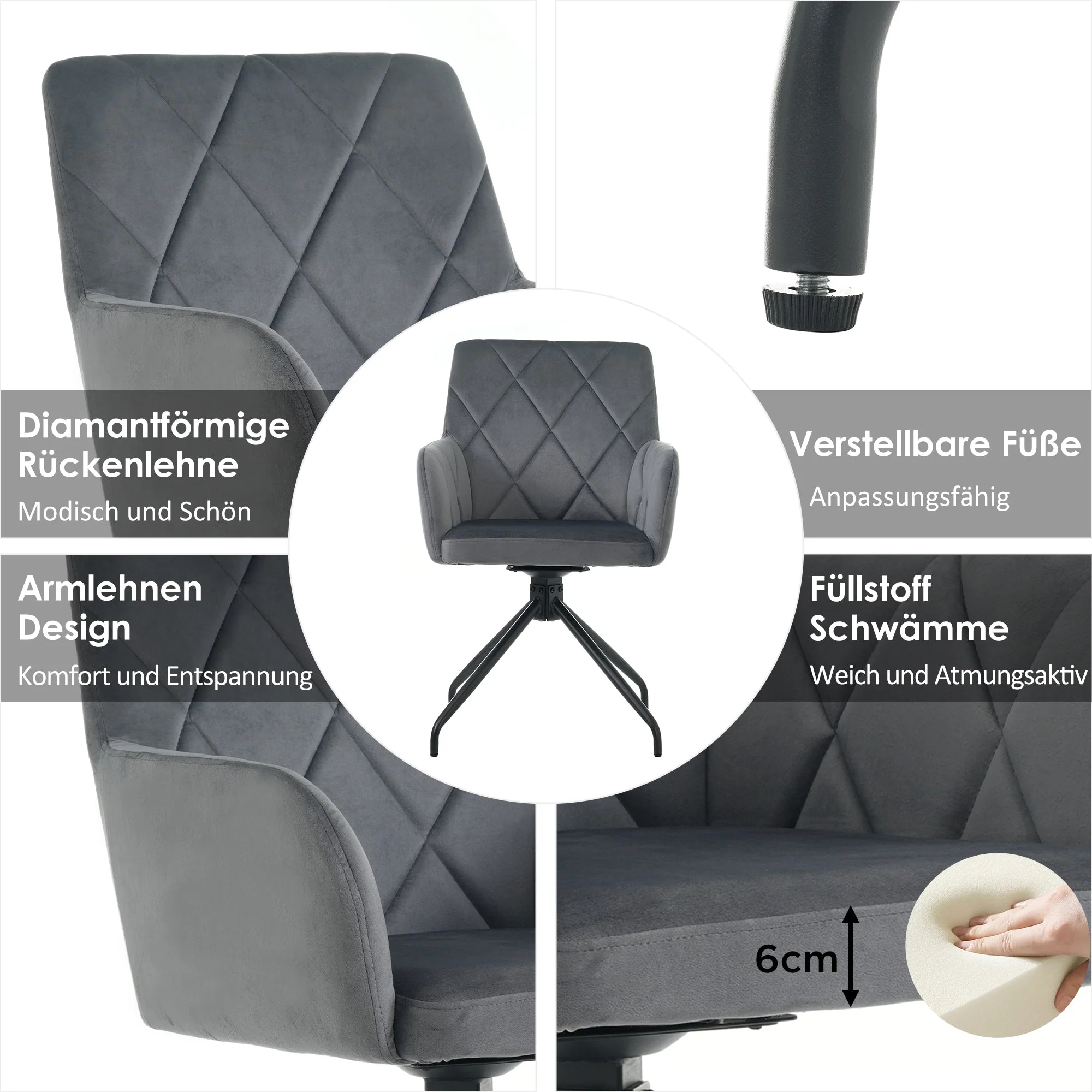 Set of 2 Swivel Dining Chairs Upholstered Diamond Pattern Lumbar Support Anthracite Velvet - Image 5