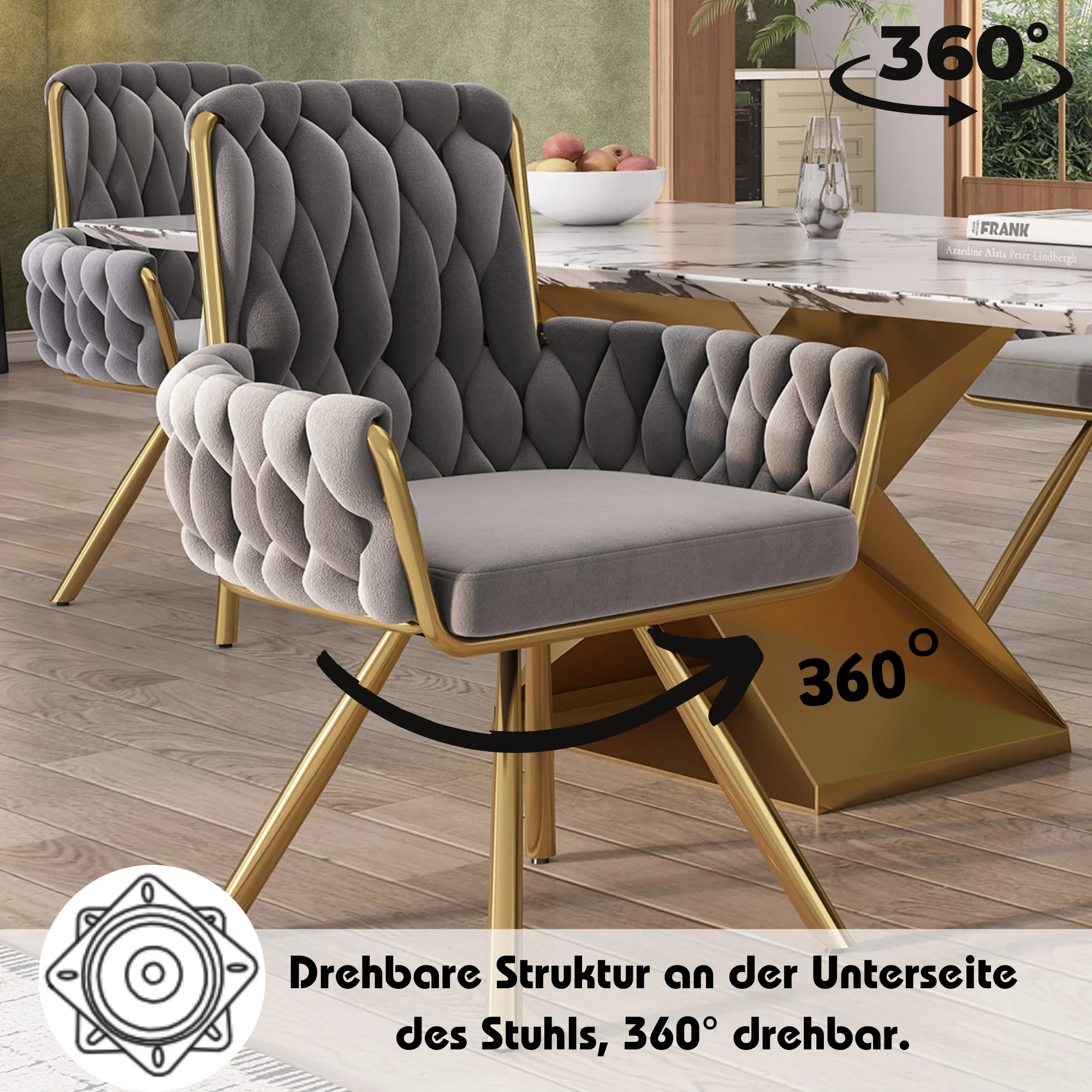 Set of 2, velvet dining chair, Armchair, single luxurious living room and bedroom swivel chair, Leisure swivel chair with four metal support legs, Gray - Image 4