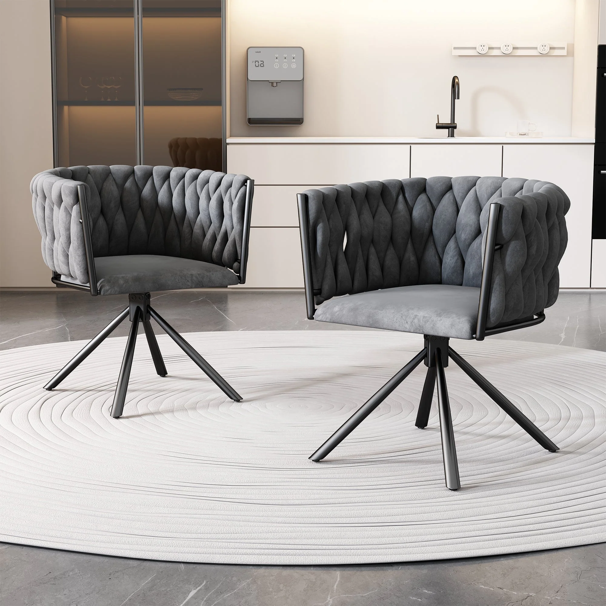 Set of 2 Velvet Dining Chair, Light Luxury Swivel with Metal Legs, Gray - Image 2