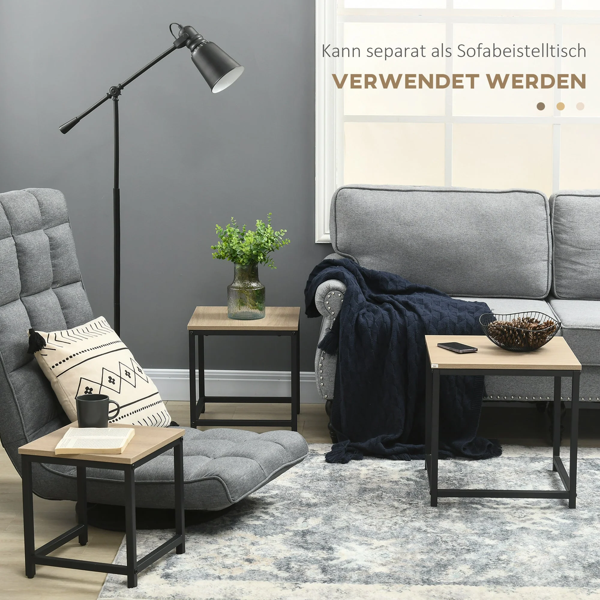 Set of 3 Coffee Tables Nesting Steel Frame Wood Look, Natural - Image 6