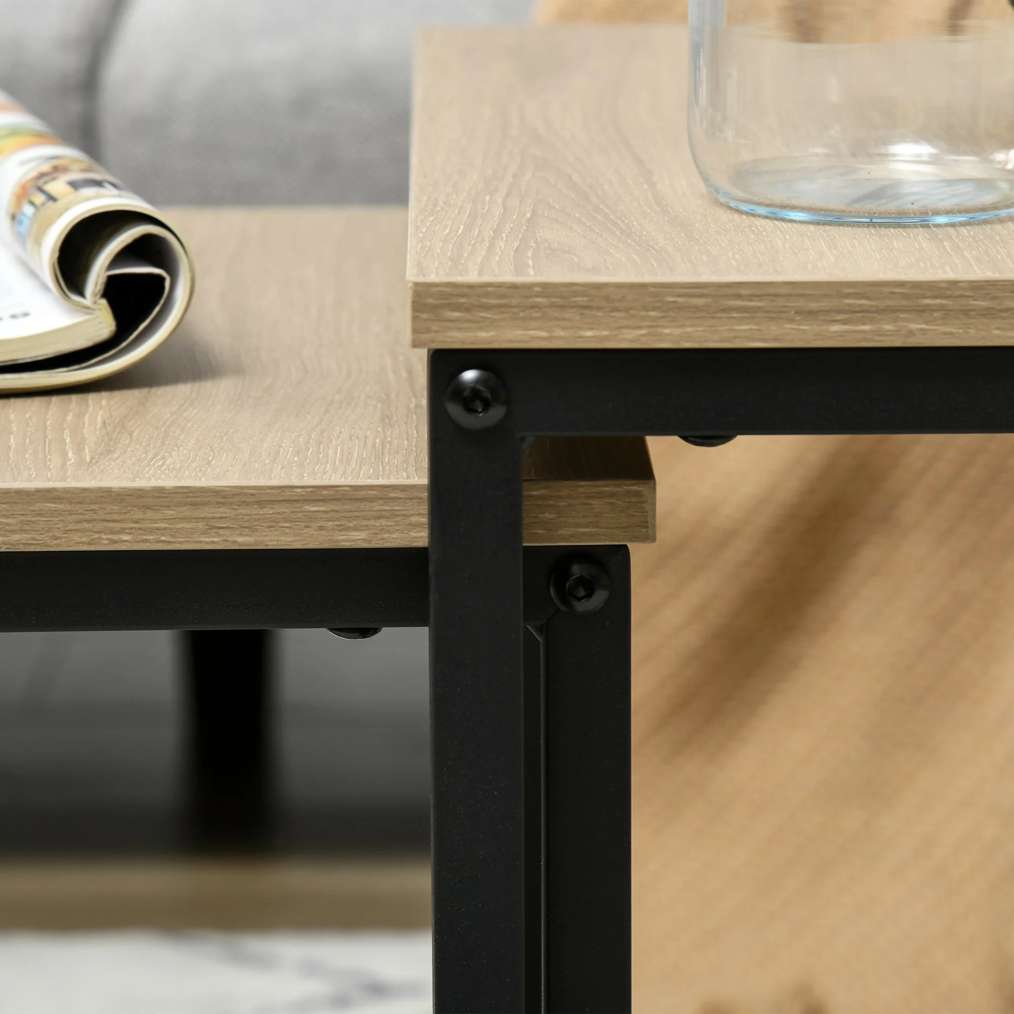 Set of 3 Coffee Tables Nesting Steel Frame Wood Look, Natural - Image 8
