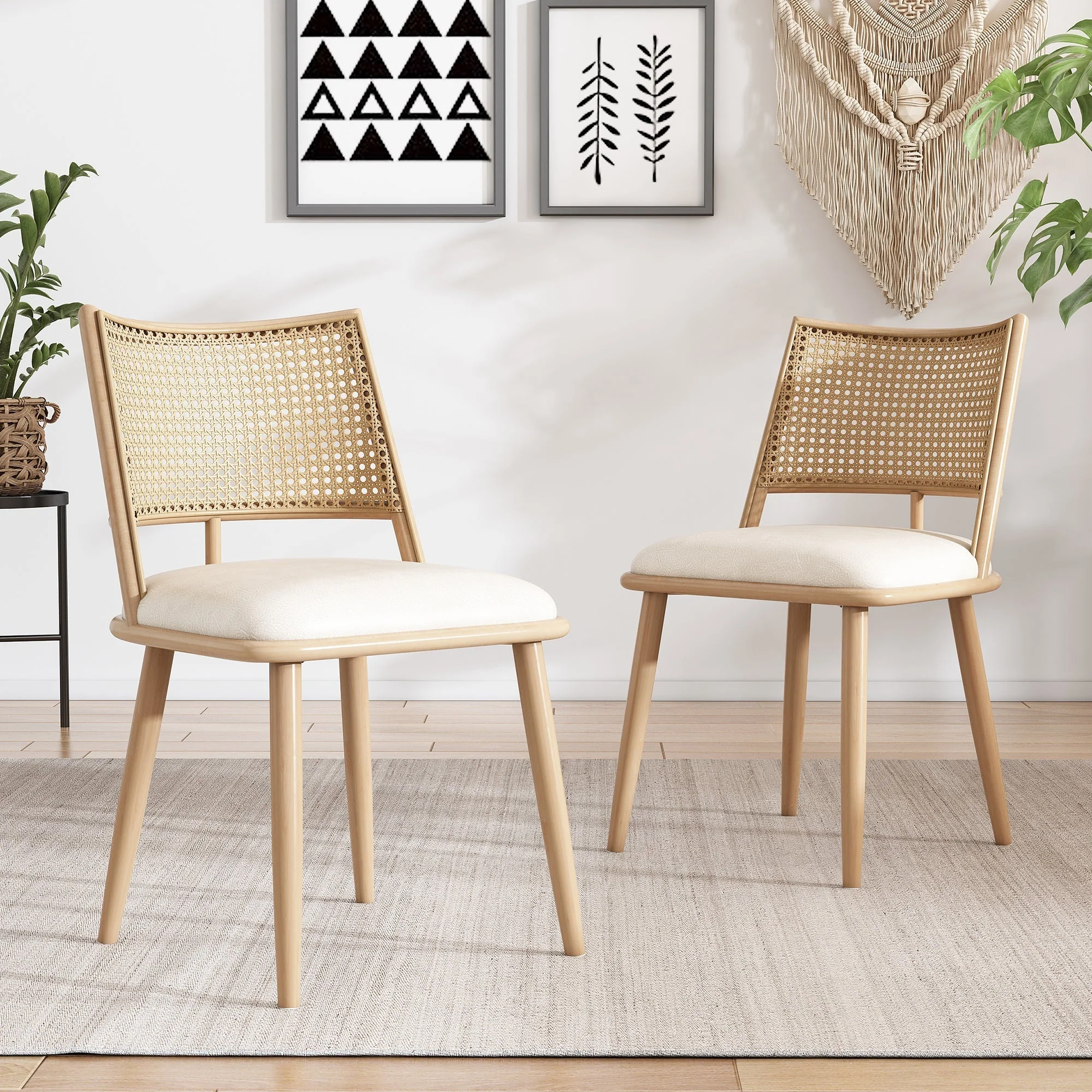 Set of 4 Bamboo Kitchen Chairs, PU Seat Rattan Backrest Armchair, Beige - Image 6