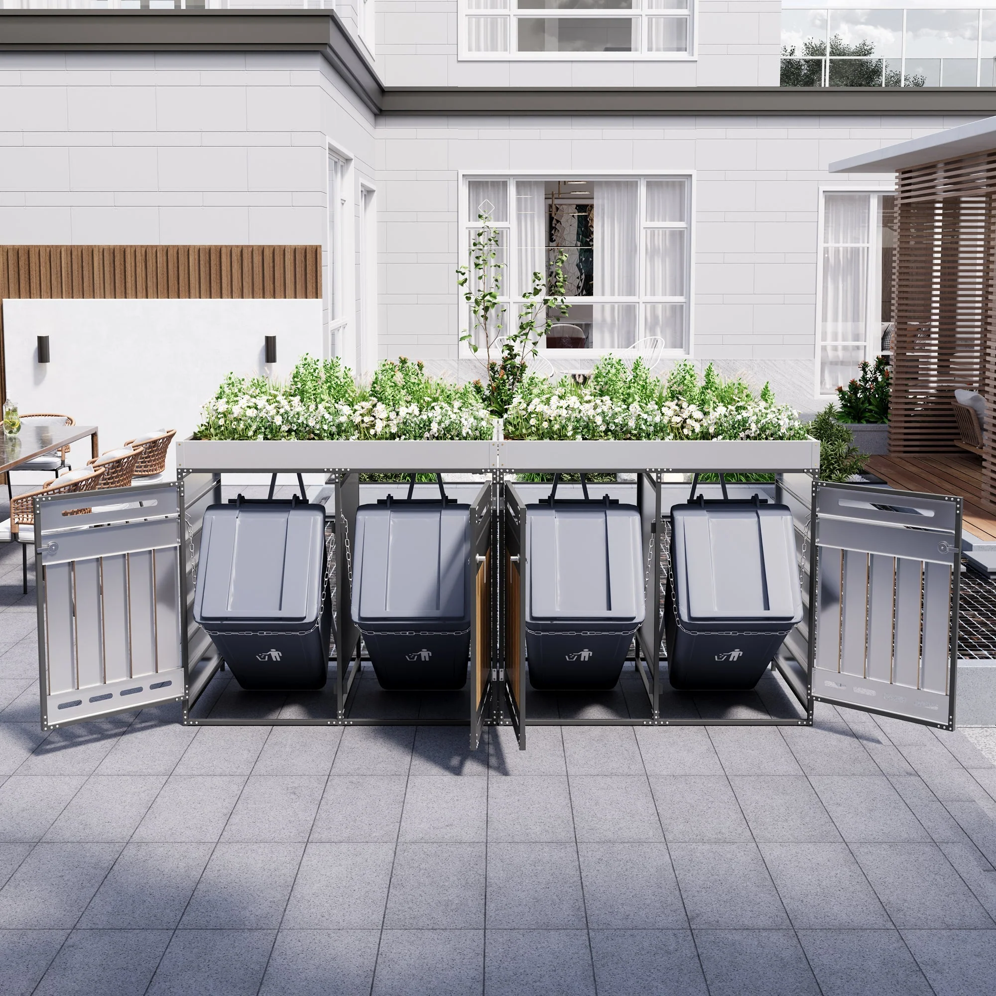 Set of 4 Bin Storage Units with Planter Boxes and Locking Garden Cabinet, Iron with Vertical Wood Grain Panels - Image 2