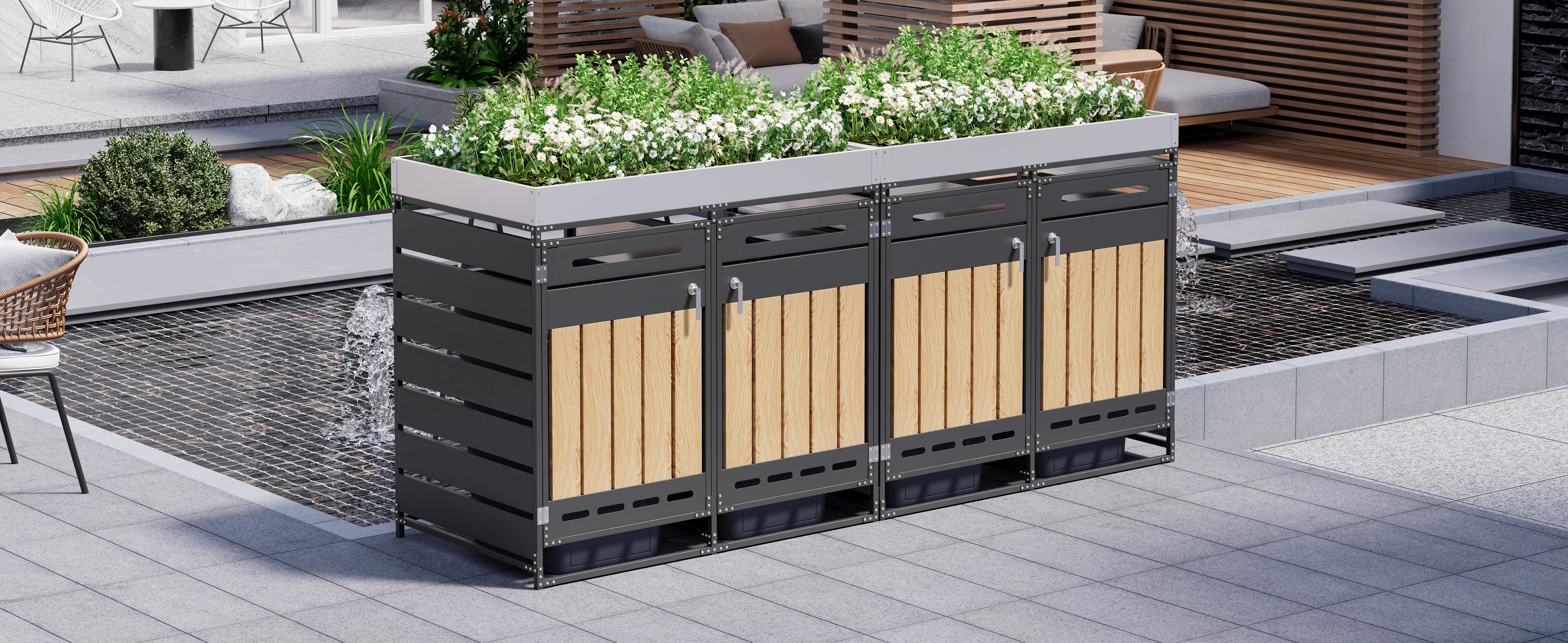 Set of 4 Bin Storage Units with Planter Boxes and Locking Garden Cabinet, Iron with Vertical Wood Grain Panels - Image 6