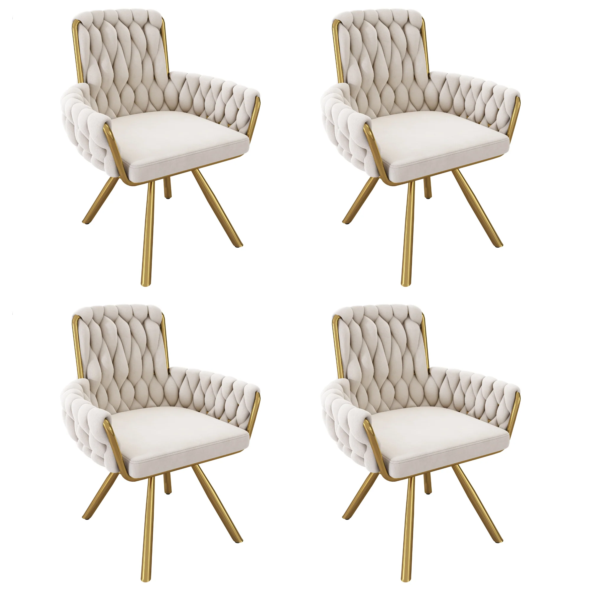 Set of 4 Dining Armchairs, Luxurious Swivel Chair with Metal Legs, Beige Velvet - Image 5