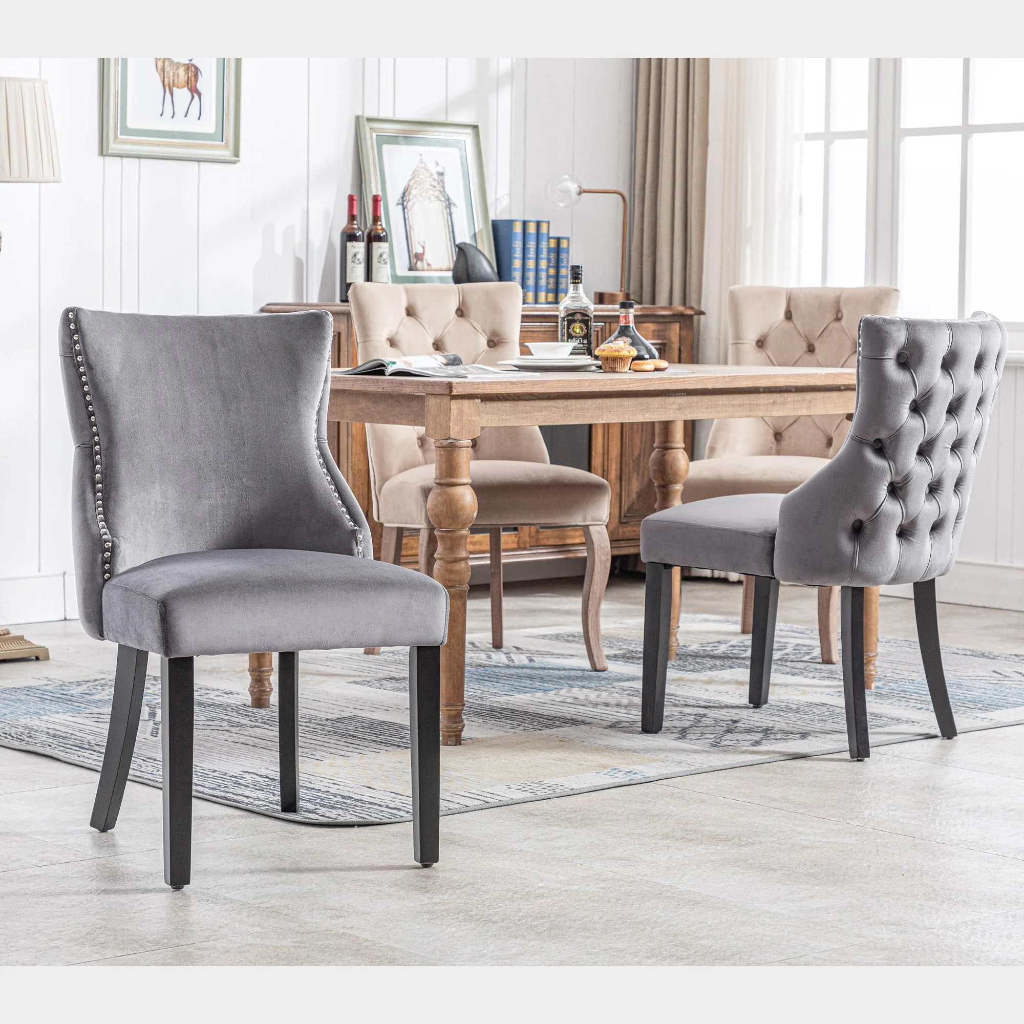 Set of 4 Dining Chairs, Button Tufted 4-Leg Solid Wood Frame, Grey Velvet - Image 3