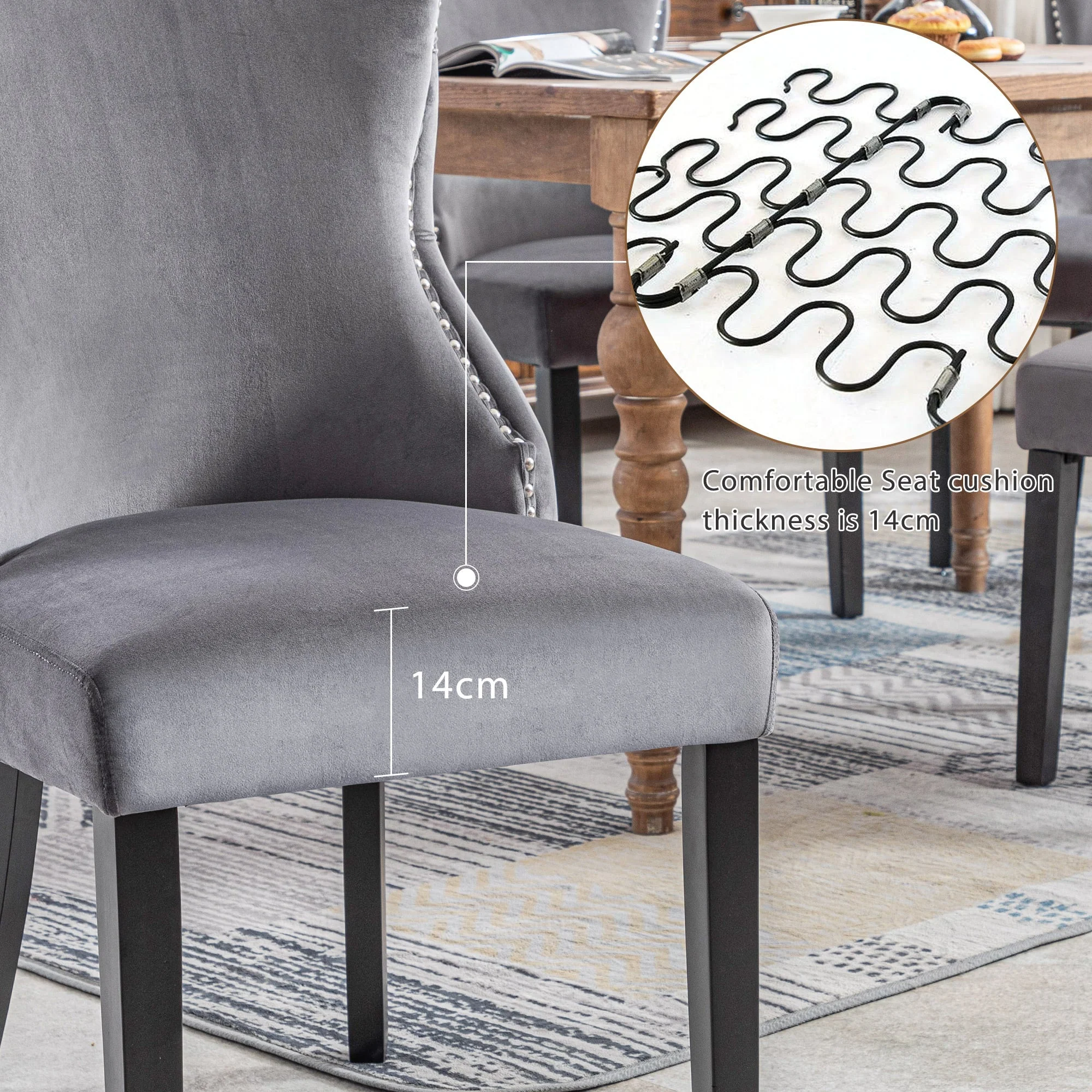Set of 4 Dining Chairs, Button Tufted 4-Leg Solid Wood Frame, Grey Velvet - Image 8