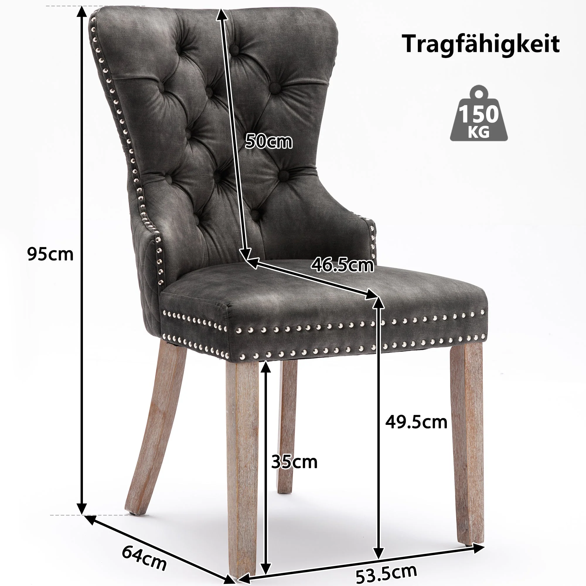 Set of 4 Dining Chairs Upholstered Door Knocker Back Solid Wood Grey Velvet - Image 5