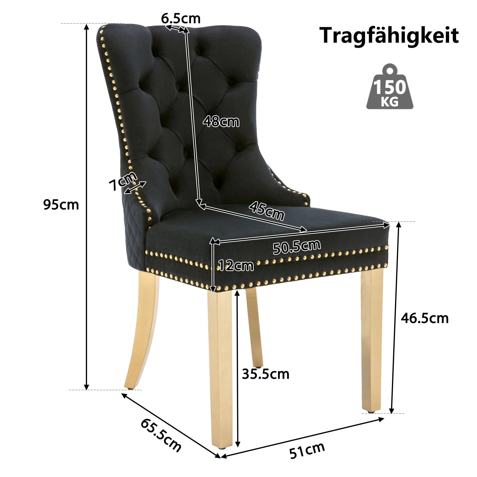 Set of 4 Dining Chairs Velvet Upholstered Round Pull Ring Nailhead Trim Black/Gold - Image 10