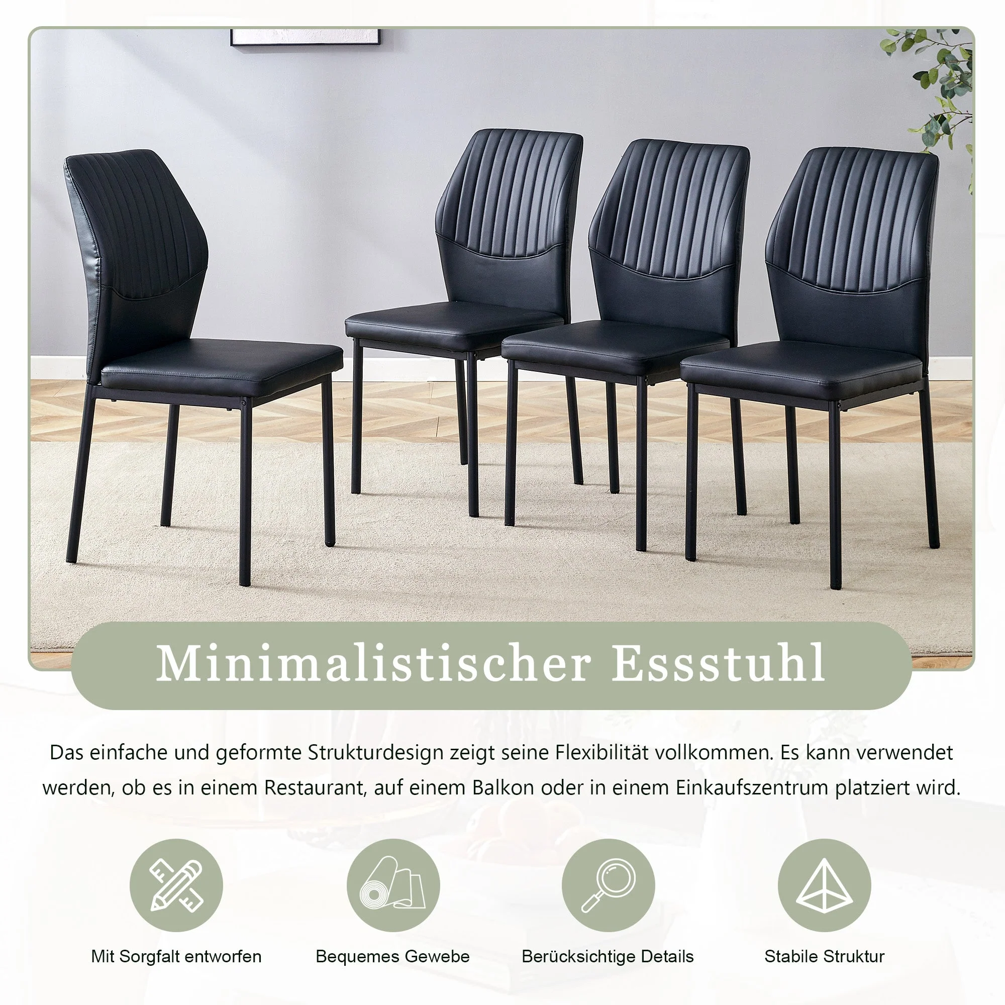 Set of 4 Dining Chairs with Vertical Embossing and Metal Legs, Black PU - Image 6
