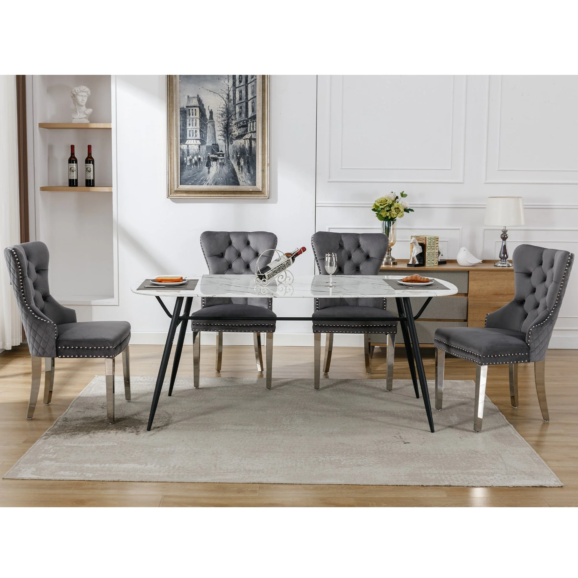 Set of 4 Upholstered Dining Chairs, Door Knocker Back, Metal Legs, Grey Velvet - Image 3