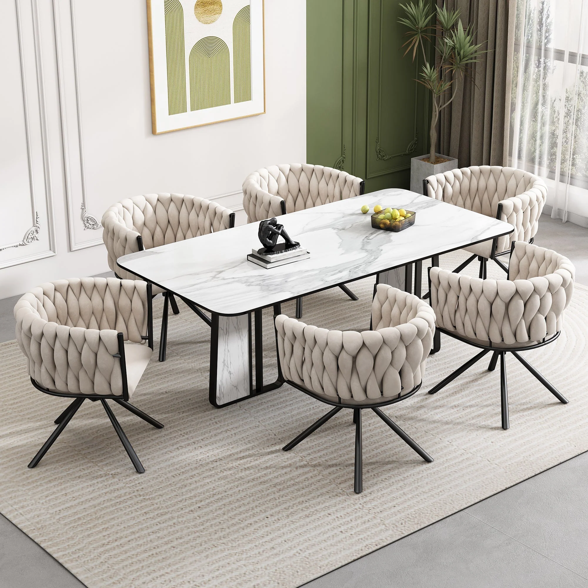 Velvet Dining Chair (Set of 4), Swivel Leisure Chair with Four Metal Support Legs, Beige - Image 3