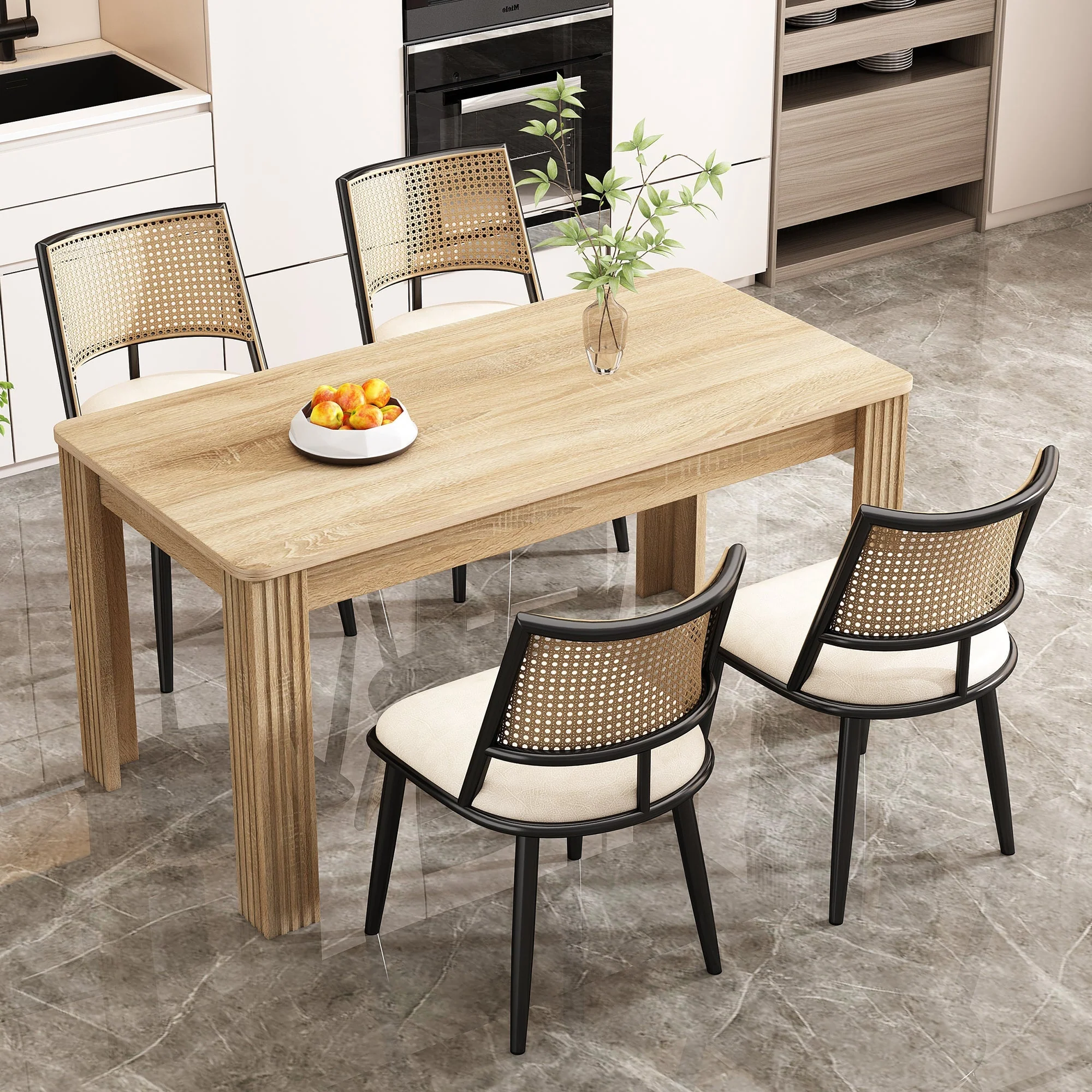 Set of 6 Dining Chairs Rattan Backrest PU Seat Black - Image 2