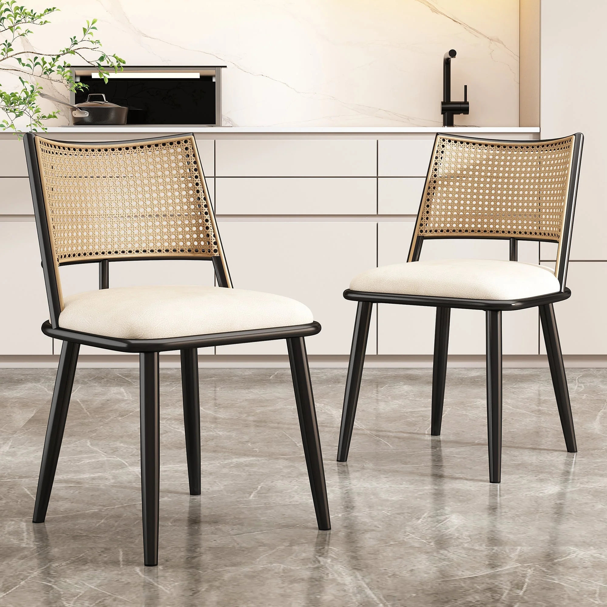 Set of 6 Dining Chairs Rattan Backrest PU Seat Black - Image 4