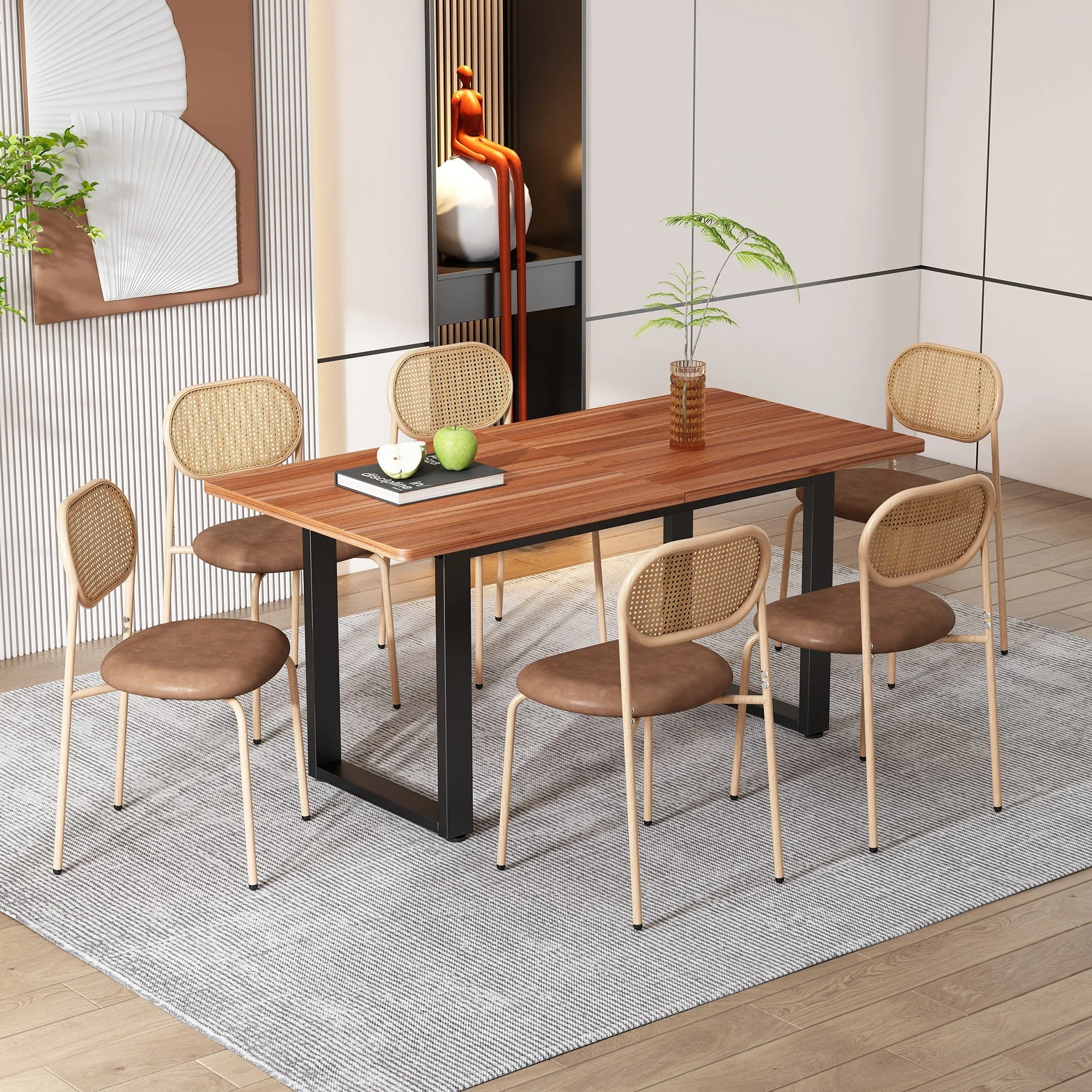 Set of 6 Dining Chairs Rattan Metal Legs - Brown
