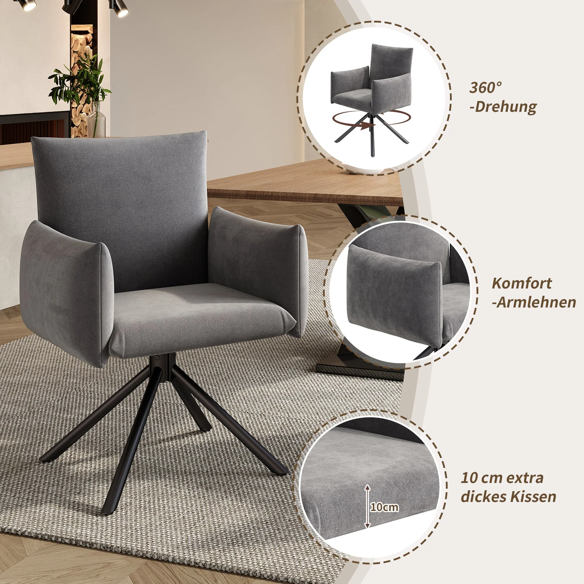 Set of 6 Dining Chairs Upholstered 360° Swivel Lumbar Support - Velvet Grey - Image 3