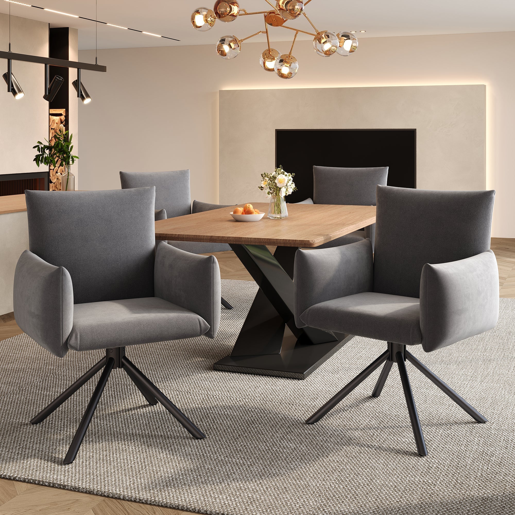 Set of 6 Dining Chairs Upholstered 360° Swivel Lumbar Support - Velvet Grey - Image 5