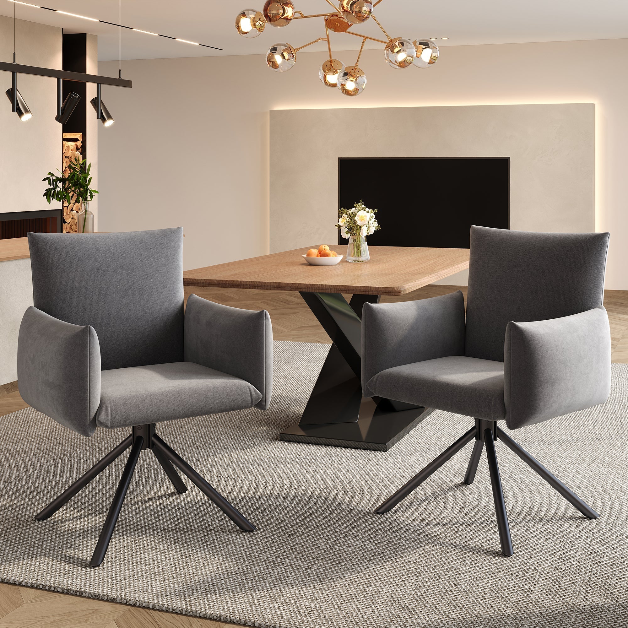 Set of 6 Dining Chairs Upholstered 360° Swivel Lumbar Support - Velvet Grey - Image 6