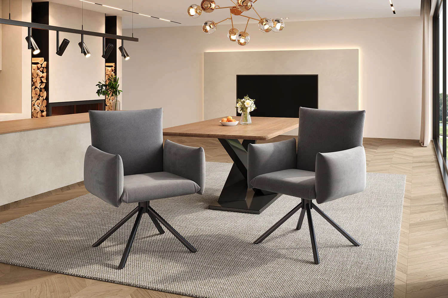Set of 6 Dining Chairs Upholstered 360° Swivel Lumbar Support - Velvet Grey - Image 7