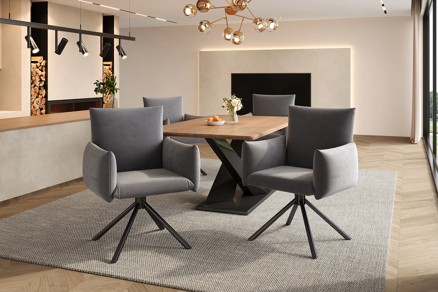 Set of 6 Dining Chairs Upholstered 360° Swivel Lumbar Support - Velvet Grey - Image 8