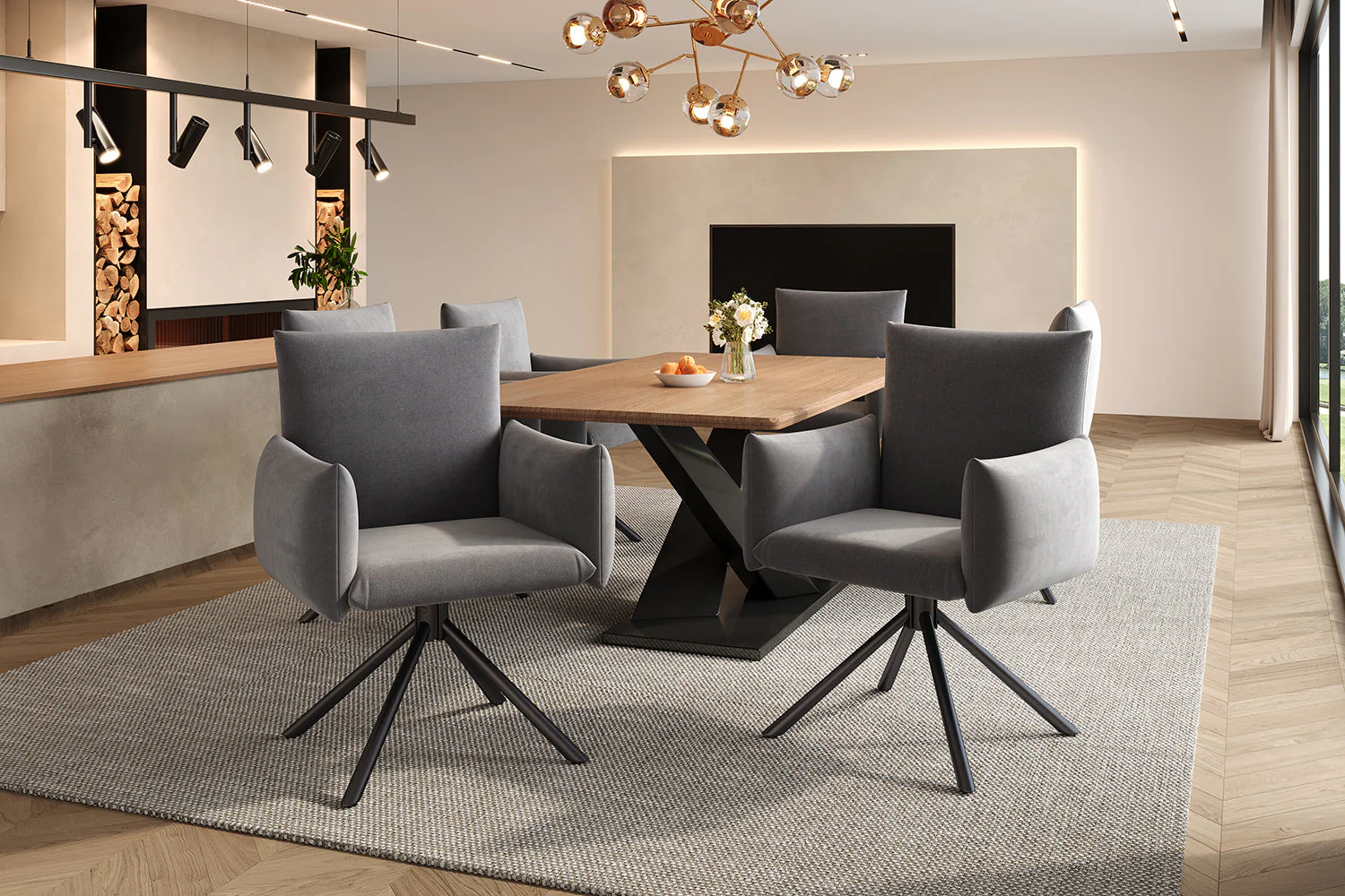 Set of 6 Dining Chairs Upholstered 360° Swivel Lumbar Support - Velvet Grey - Image 9