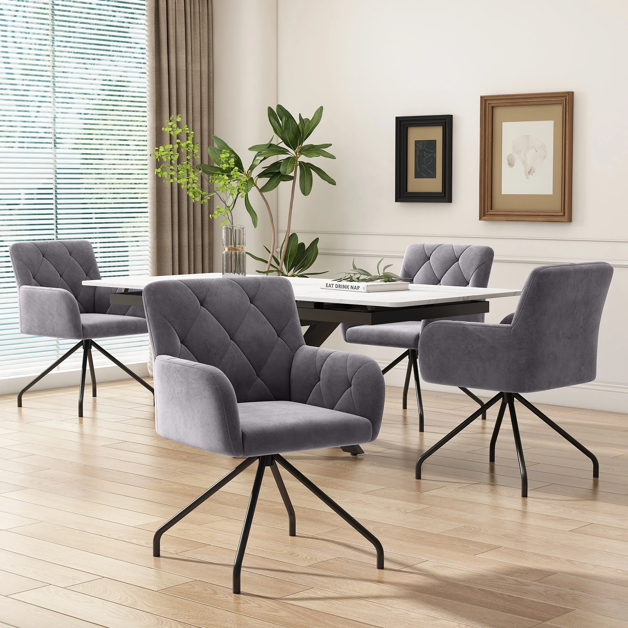 Set of 6 Dining Chairs with Diamond Pattern and Lumbar Support, Grey Velvet - Image 2