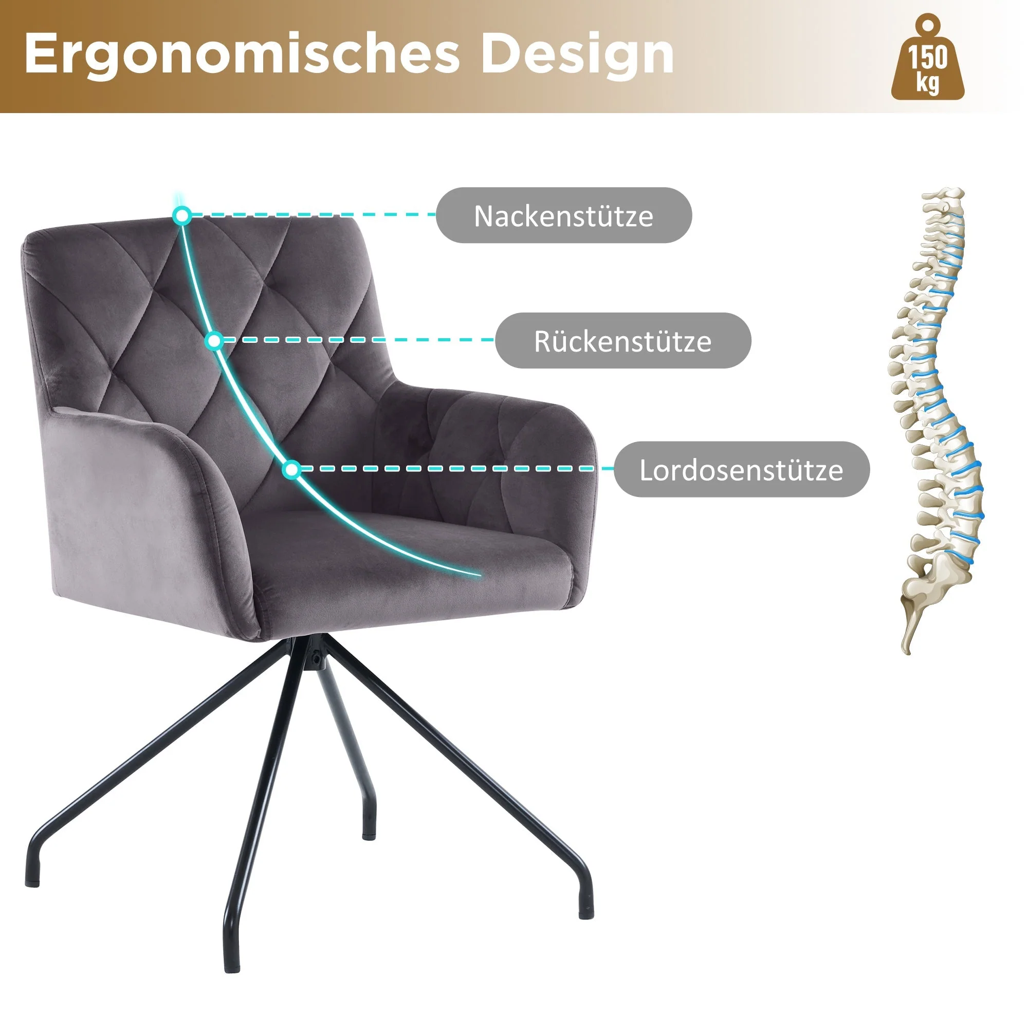 Set of 6 Dining Chairs with Diamond Pattern and Lumbar Support, Grey Velvet - Image 5
