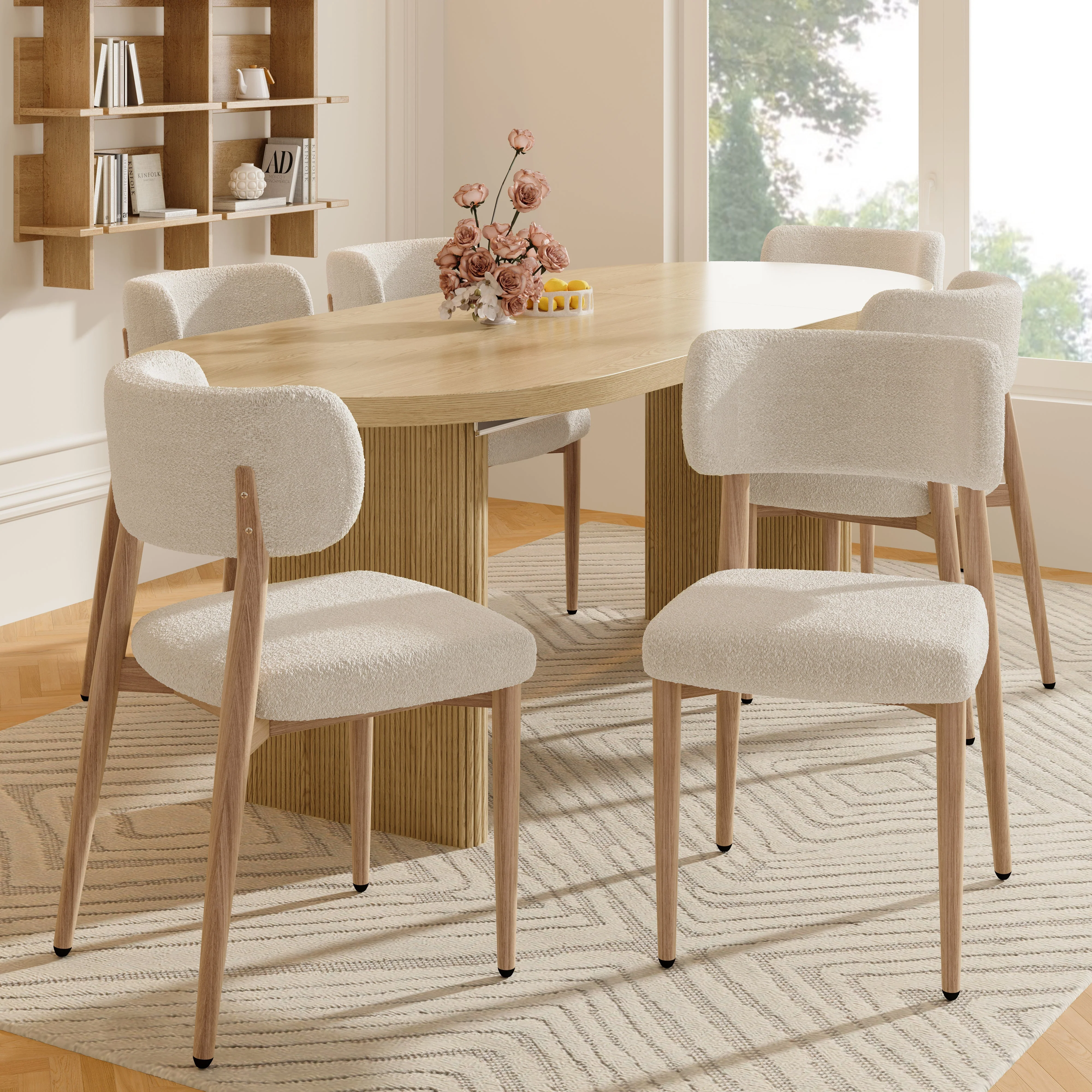 Set of 6 Dining Chairs with Wood-Look Metal Legs and Bouclé, Natural Color
