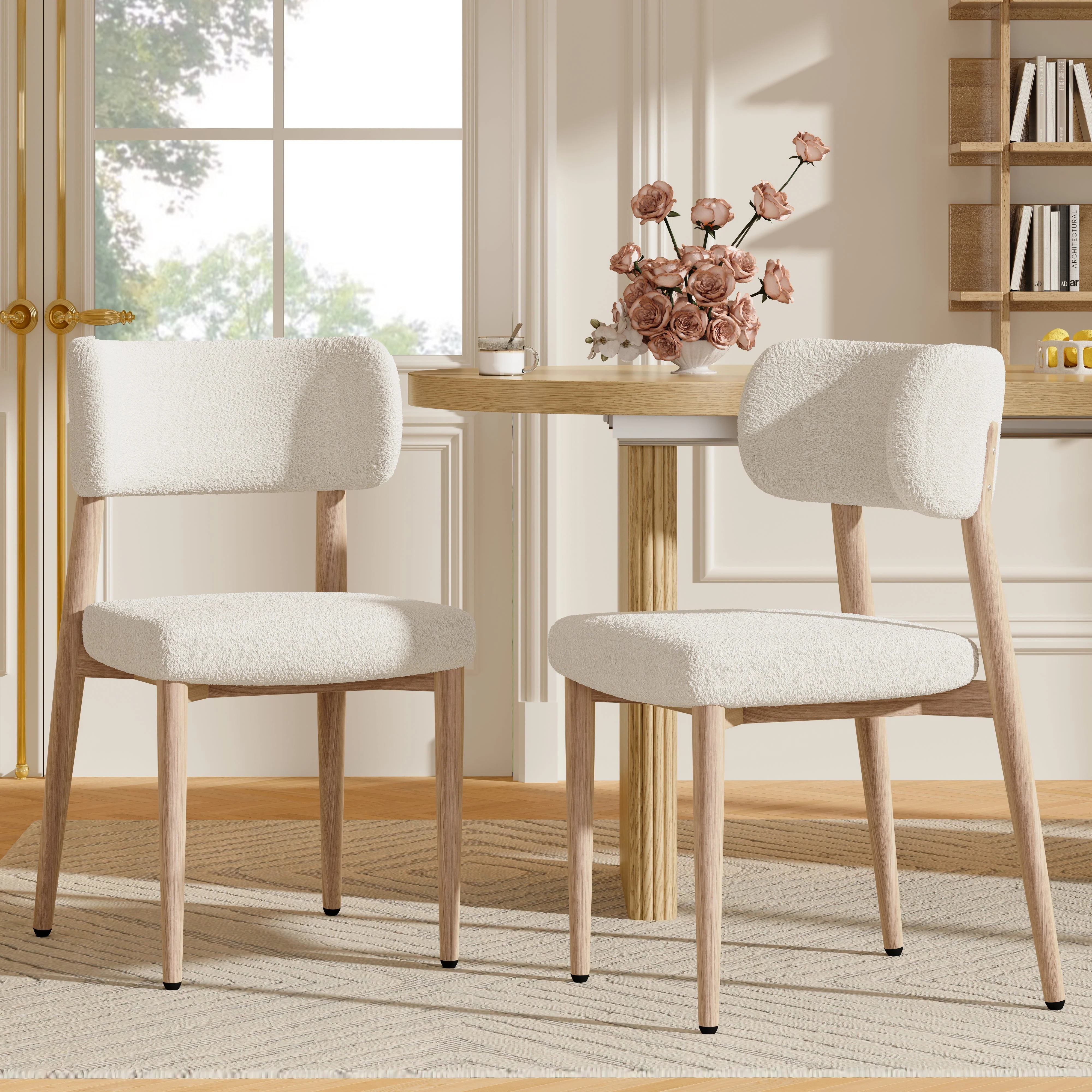 Set of 6 Dining Chairs with Wood-Look Metal Legs and Bouclé, Natural Color - Image 2