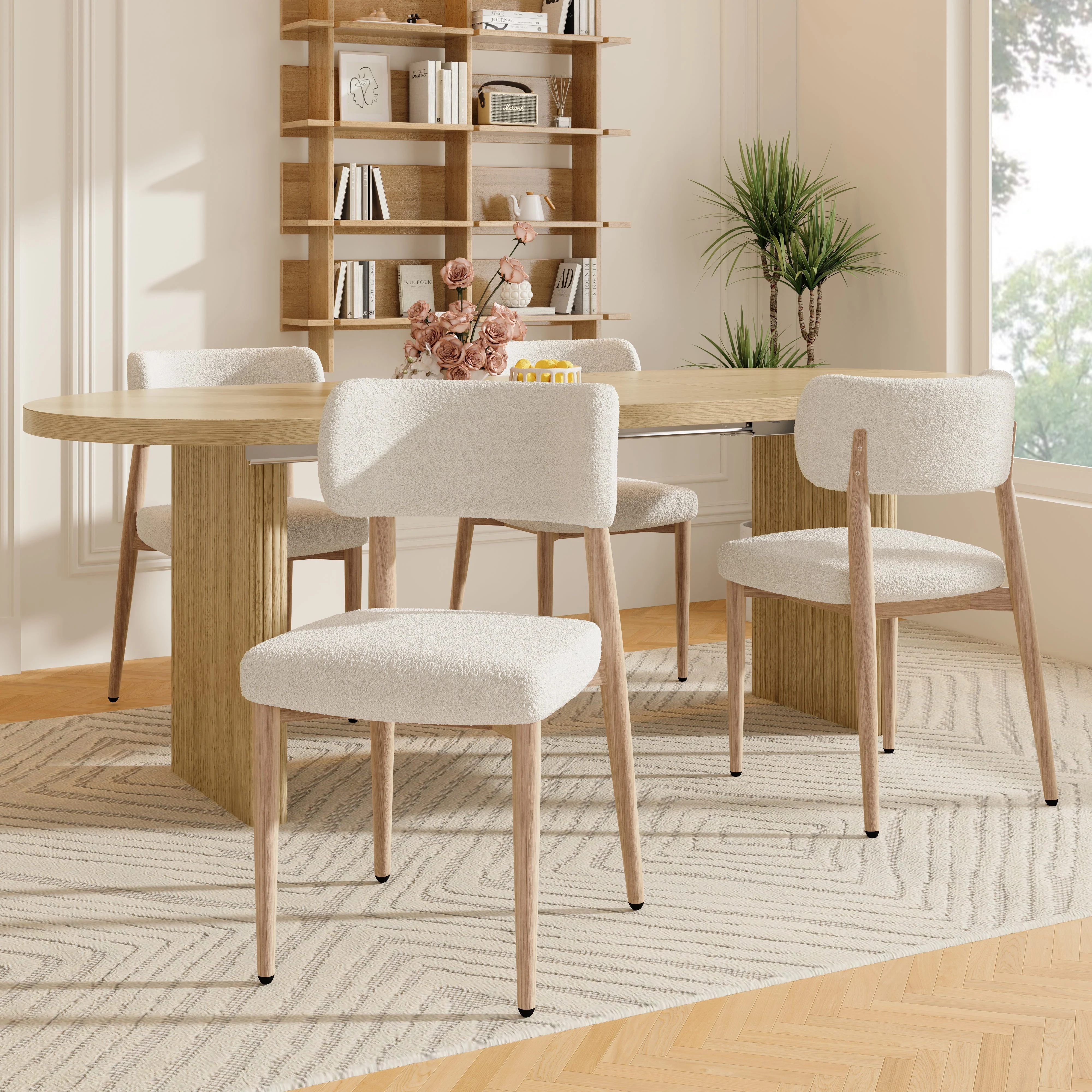 Set of 6 Dining Chairs with Wood-Look Metal Legs and Bouclé, Natural Color - Image 4