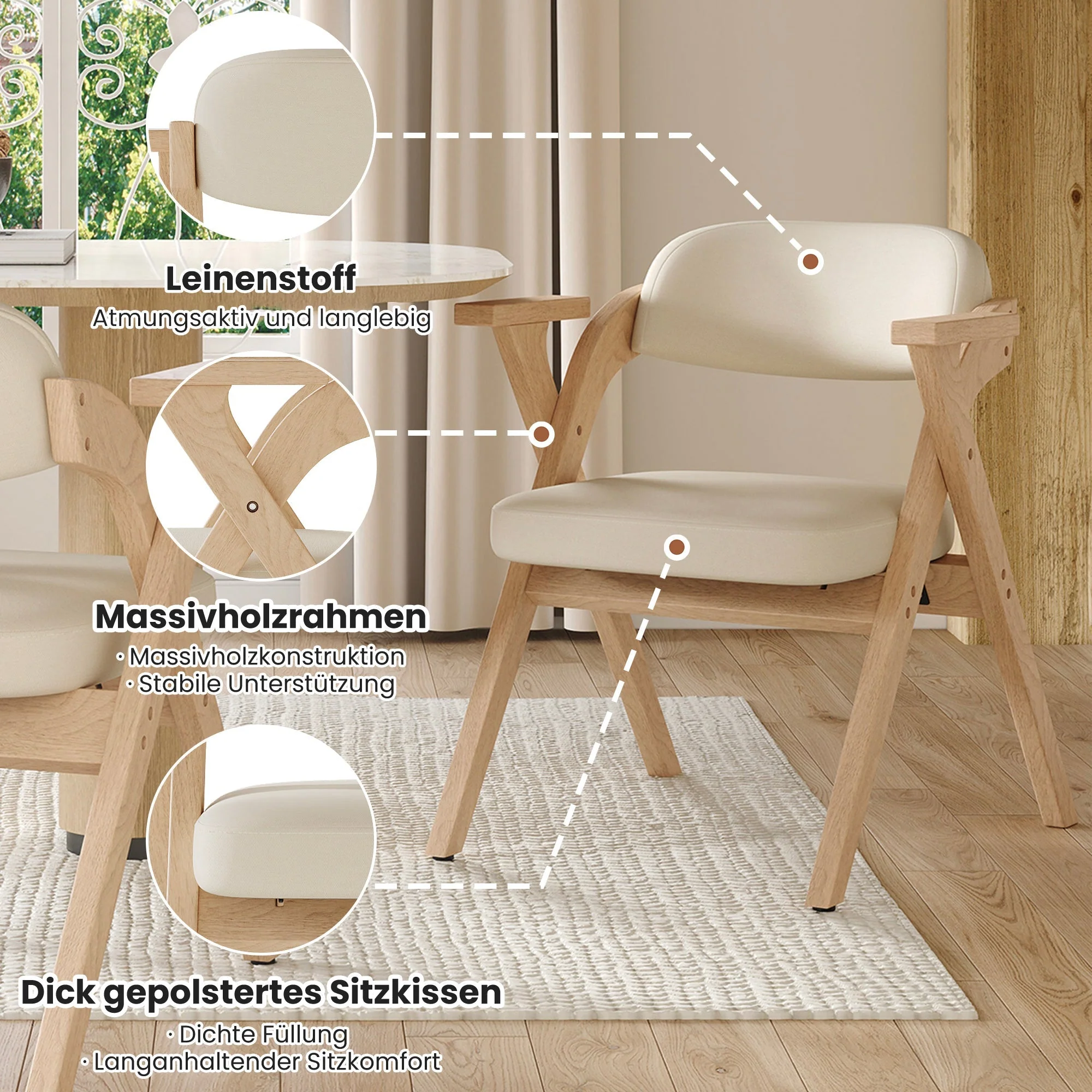 Set of 6 Solid Wood Folding Dining Chairs, Comfortable Padded High Back Portable Seating, Beige Linen - Image 2