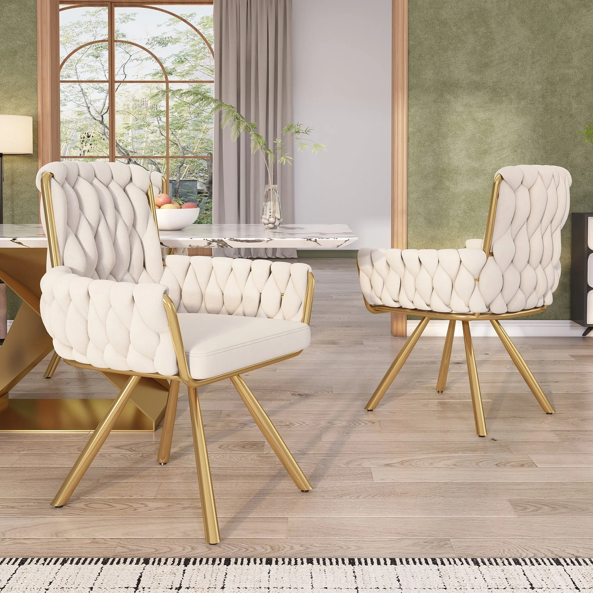Set of 6 Velvet Dining Chair Armchair Swivel Chair with Metal Support Legs, Beige - Image 3