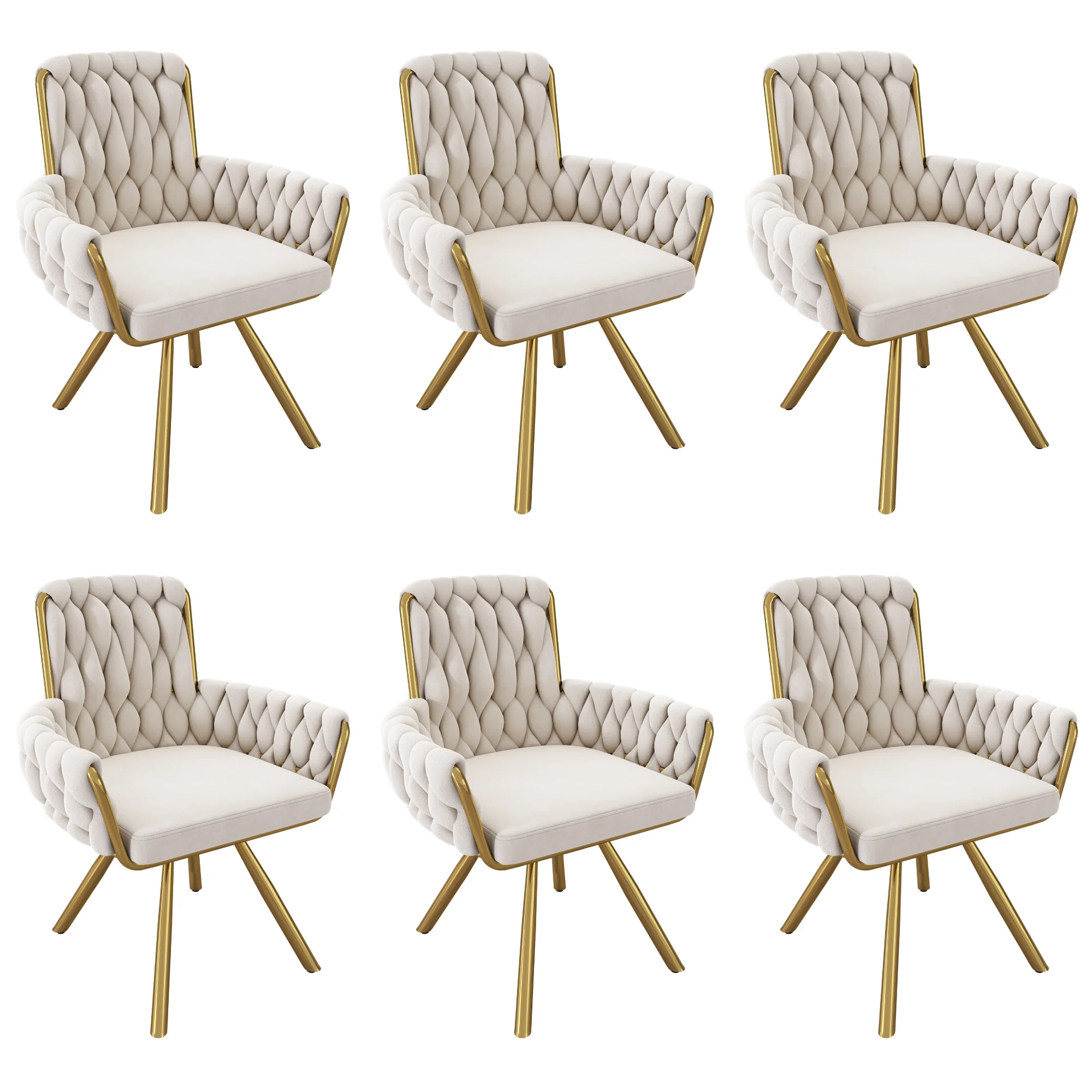 Set of 6 Velvet Dining Chair Armchair Swivel Chair with Metal Support Legs, Beige - Image 5