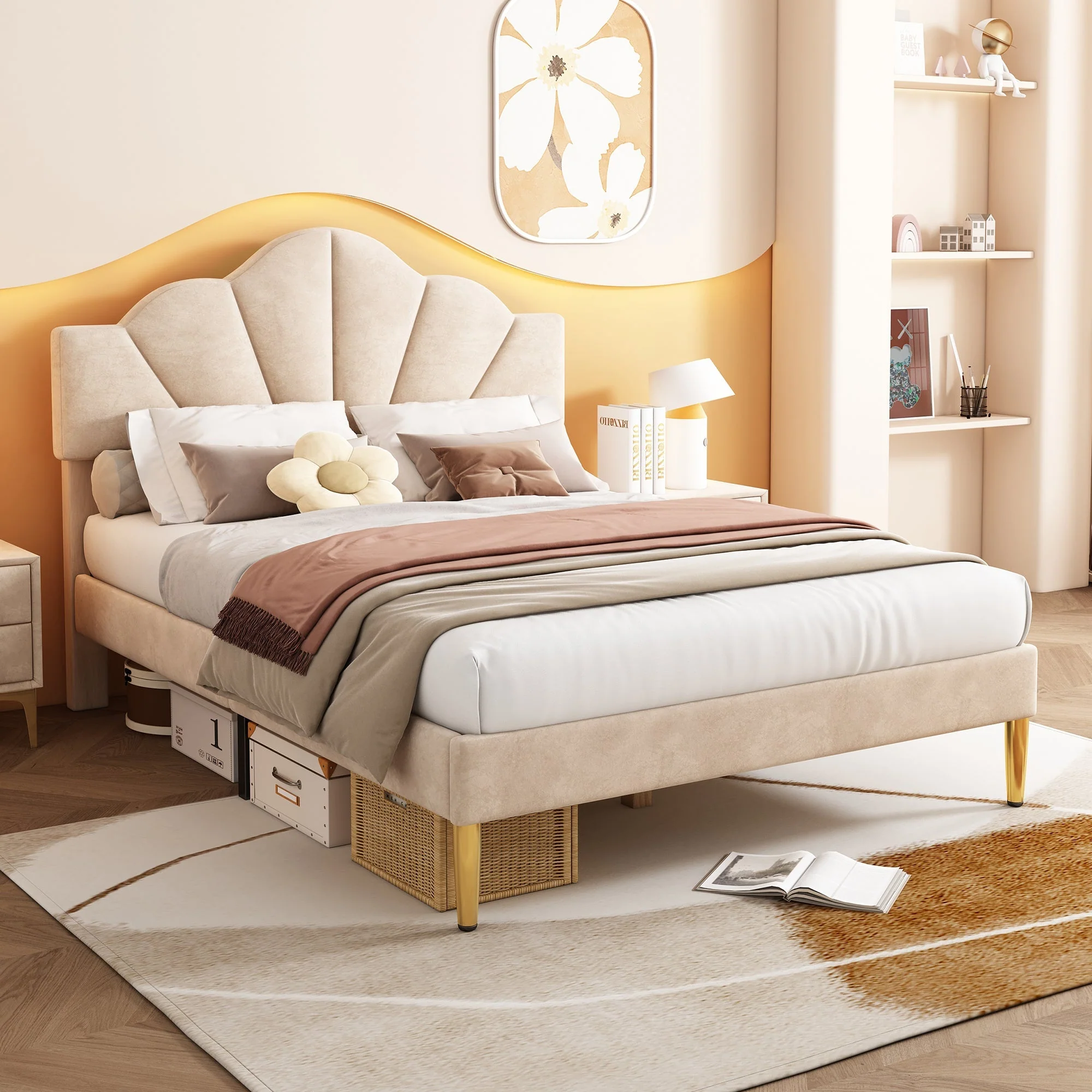 Shell-Shaped Upholstered Double Bed with Golden Legs and Slatted Base, 140x200 cm, Beige Velvet - Image 3