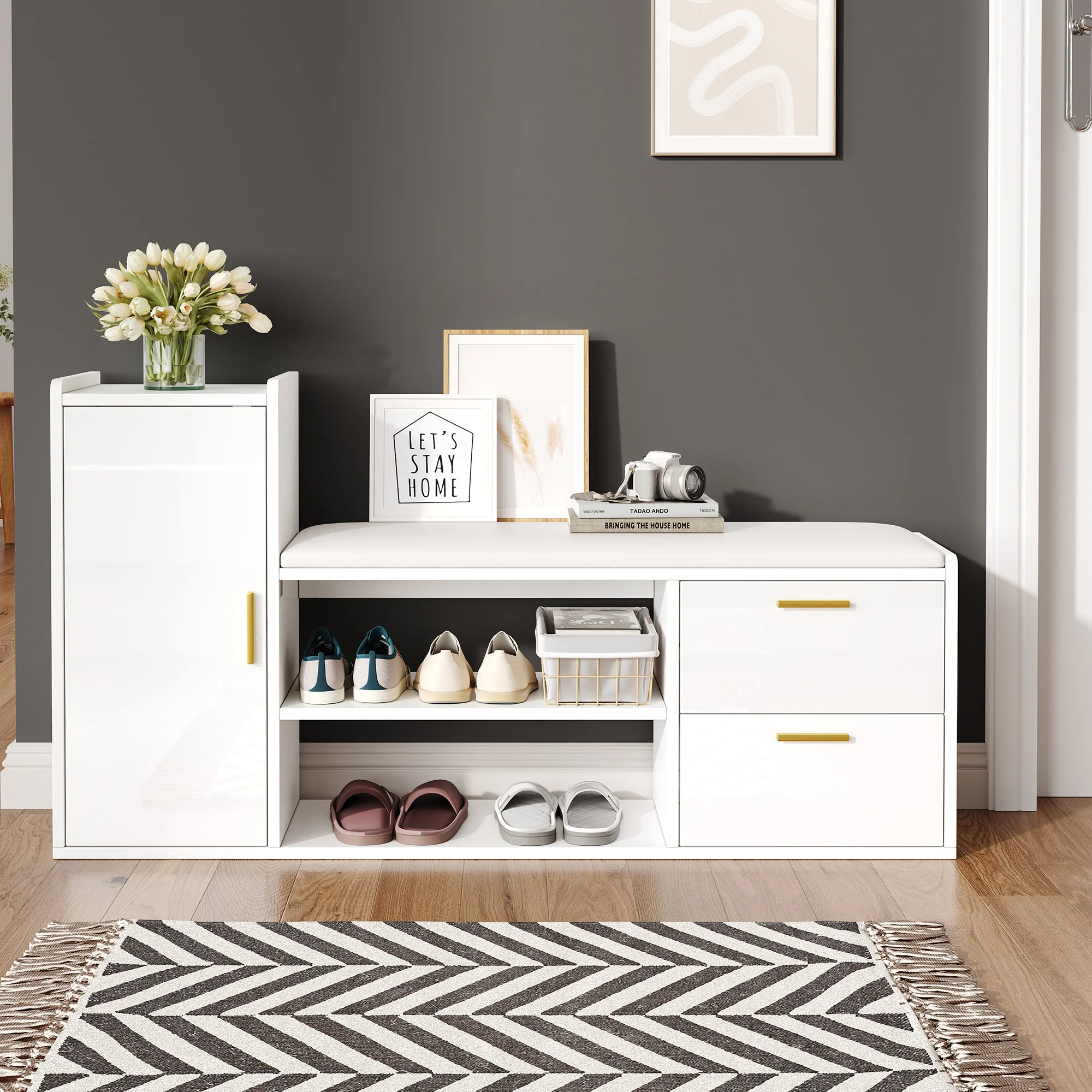 Shoe Cabinet 128x30x68cm with Bench, 2 Drawers, High-Gloss White